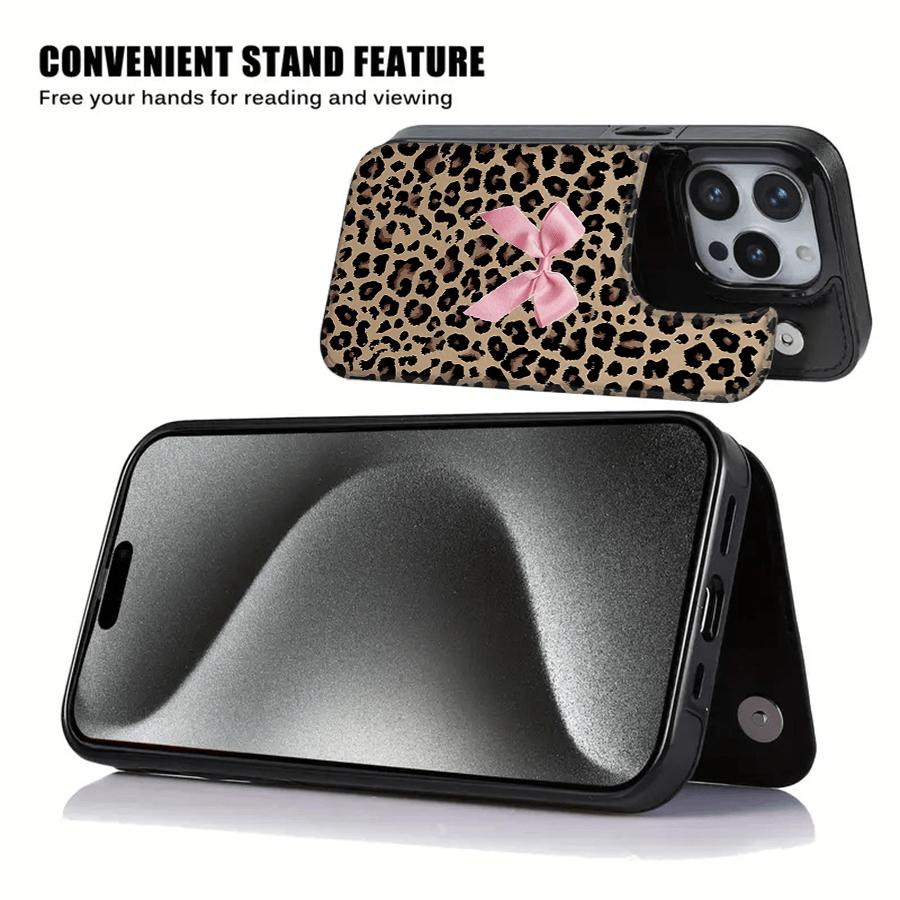 Creative Leopard iPhone Wallet Case - Practical Bow Design Card Holder for iPhone 17/16/15 ProMax 14 Plus/13/12 Pro Air,Samsung S25,S24,S23,S22,Ultra Plus FE.It makes a great holiday gift for friends or family.