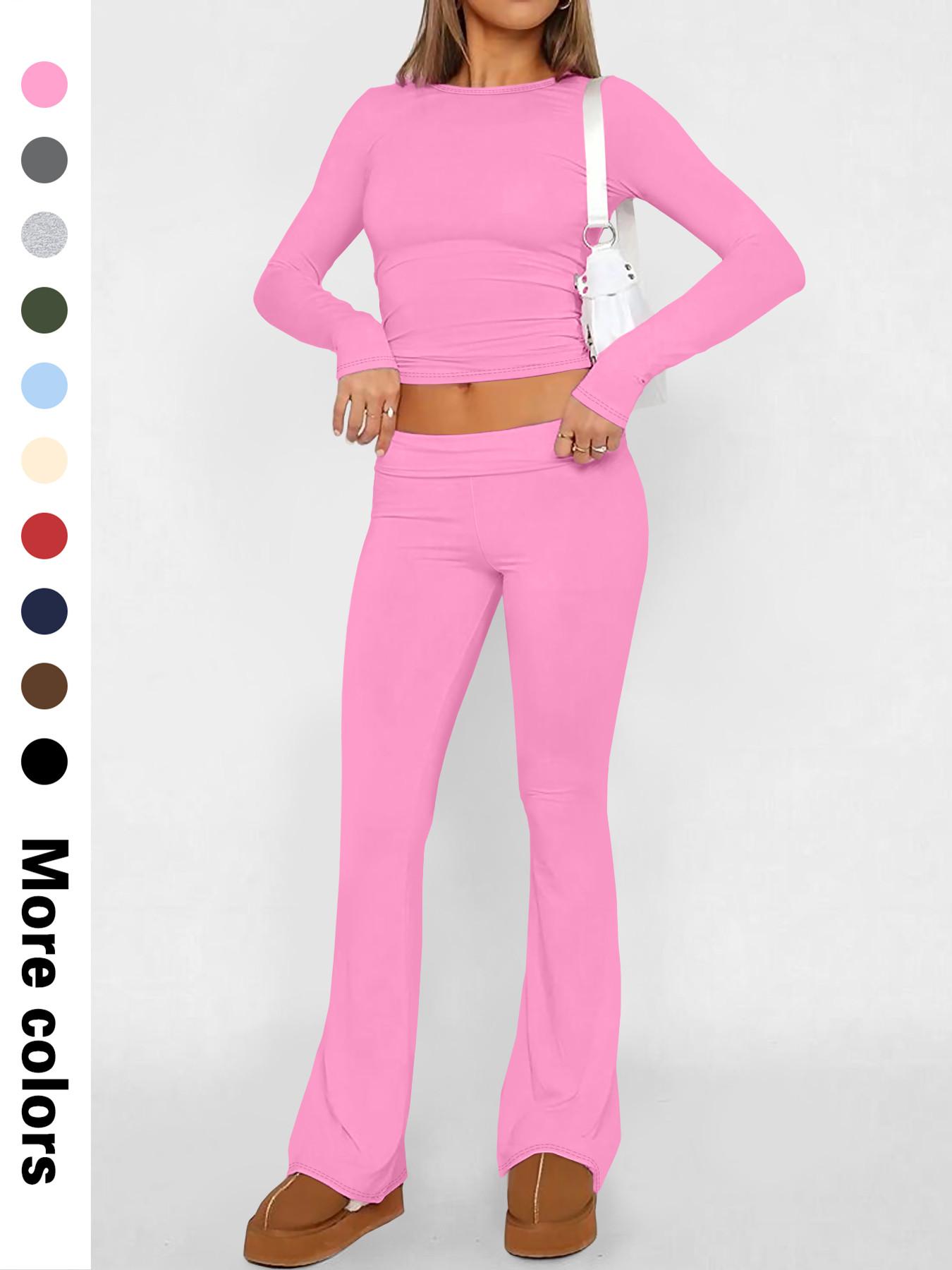 Two-Piece Set Women's Solid Color Long Sleeve Crop Tee & Flare Leg Pants, Casual Fashion Cozy Round Neck Top & Bell Bottom Trousers for Daily Outdoor Wear, Women's Clothing for Fall & Winter