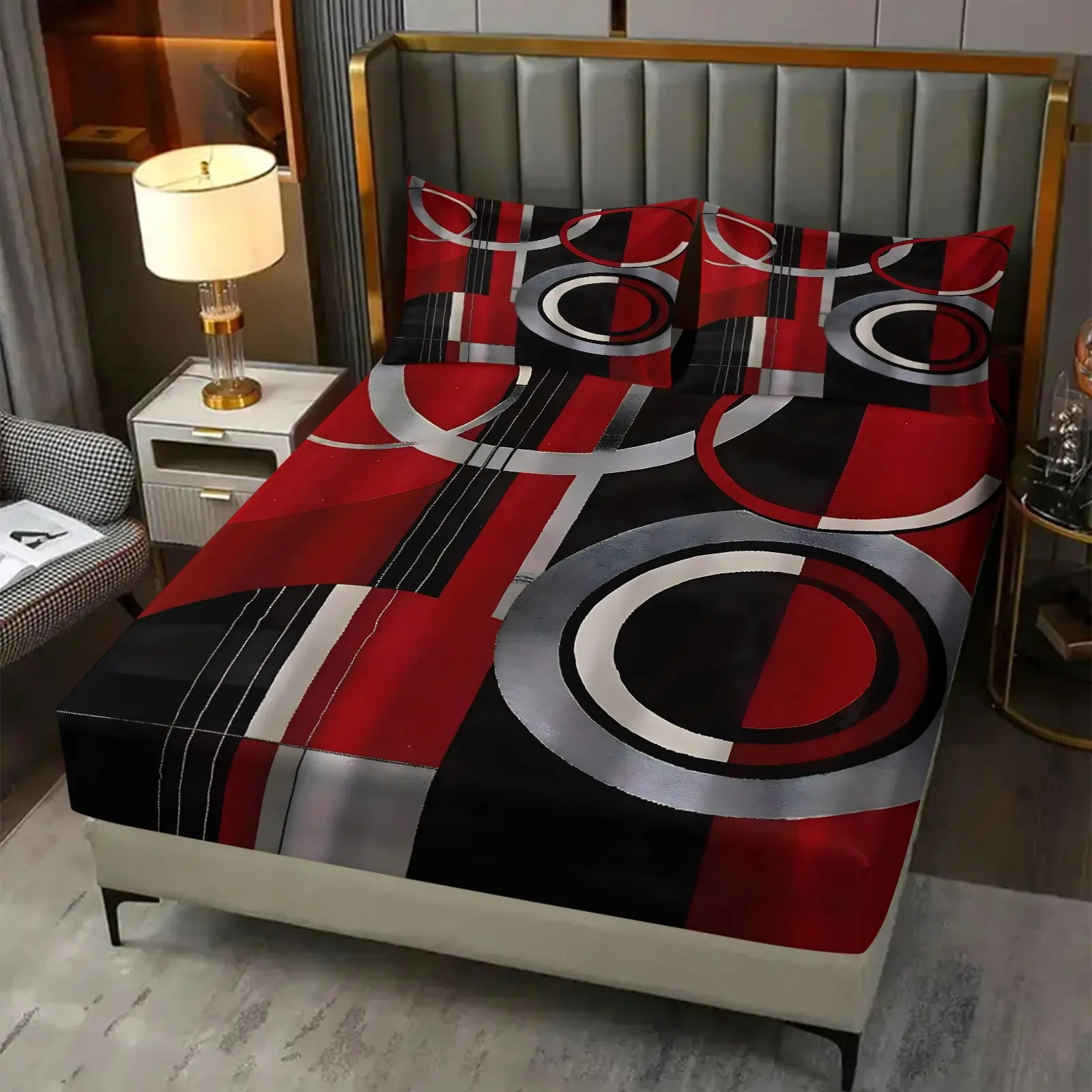 3-Piece Minimalist Red Black Silver Geometric Ring Fitted Sheet Set, 1 Fitted Sheet & 2 Coreless Pillowcases, High-end Three-color Collision Print of Bold Red,Elastic Soft Breathable Mattress Protector,  Industrial Neutral Style Bedroom Bedding Decor
