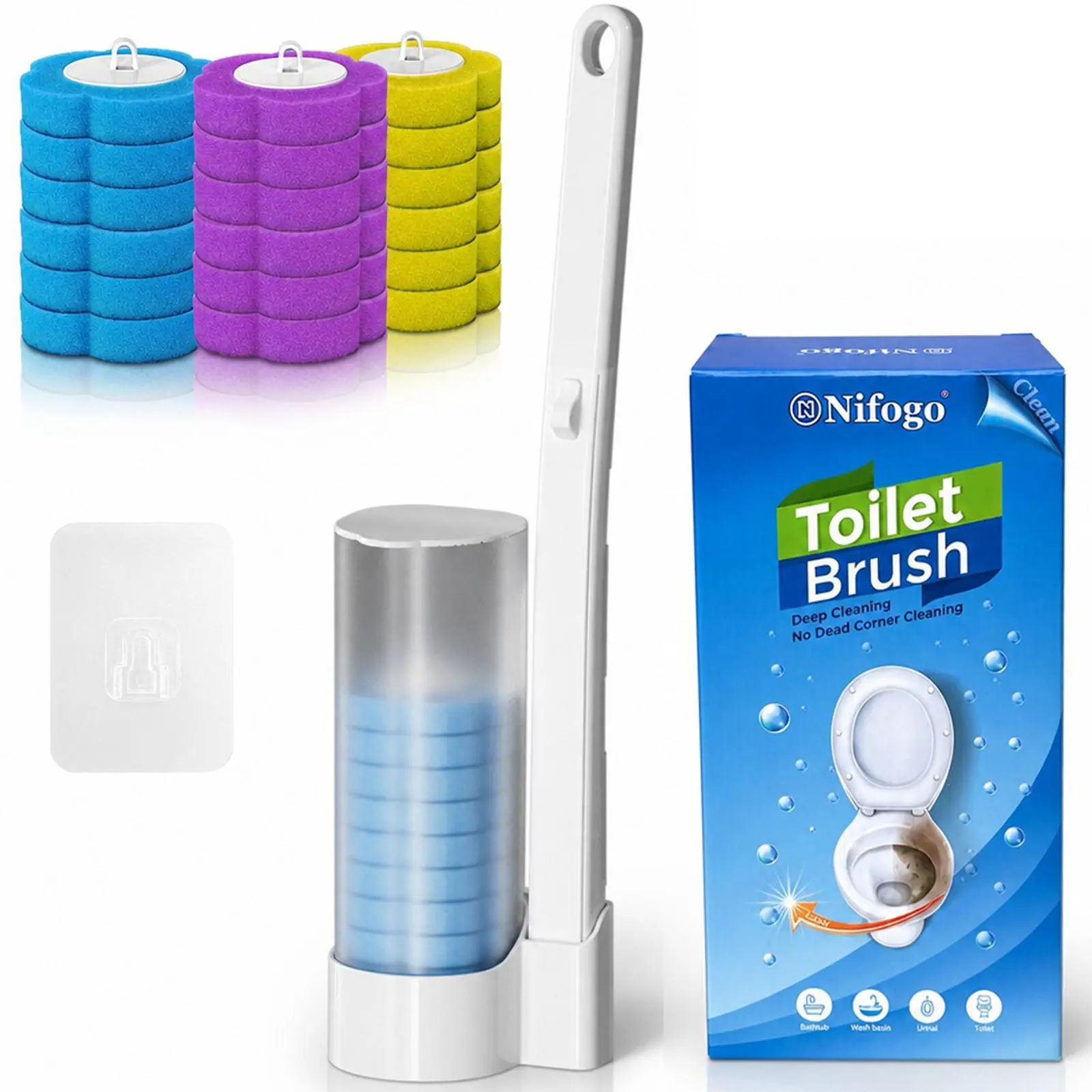 Wall-Mount Bathroom Cleaning System Kit - Hassle-Free Daily Bathroom Cleaning Tool with Flexible Sponge Heads, 24 Triple-Sponge Fragrance Refills, Glass/Sink/Toilet Brush Heads Holder Set