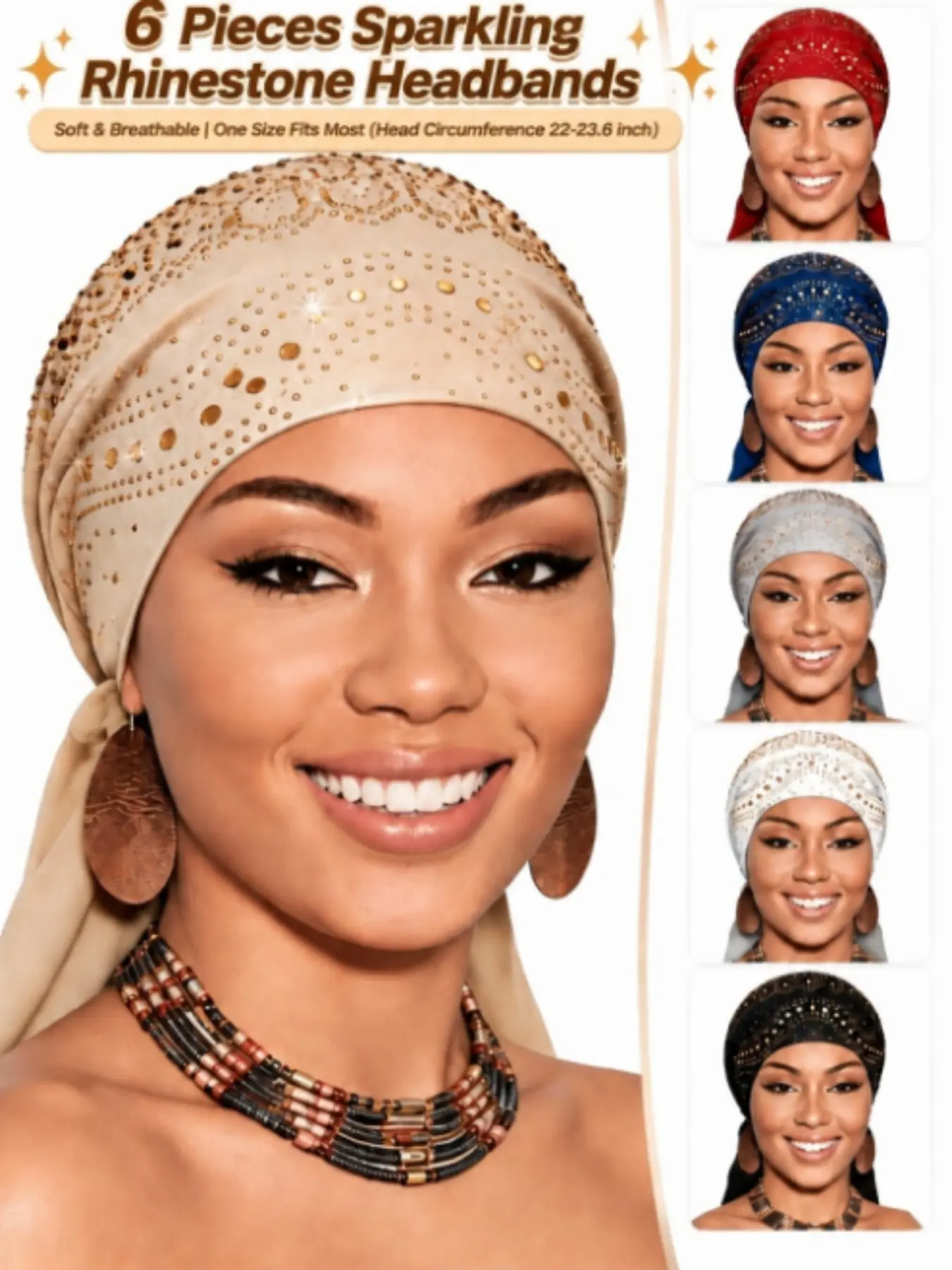New Six-Piece Crystal Fashion Headscarf Set, Elastic Headband, Women's Bonnet, Pre-Tied Crystal-Adorned Scarf, Decorative Scarf, Hat, Bandana, Hair Accessory, Fashion Hair Scarves