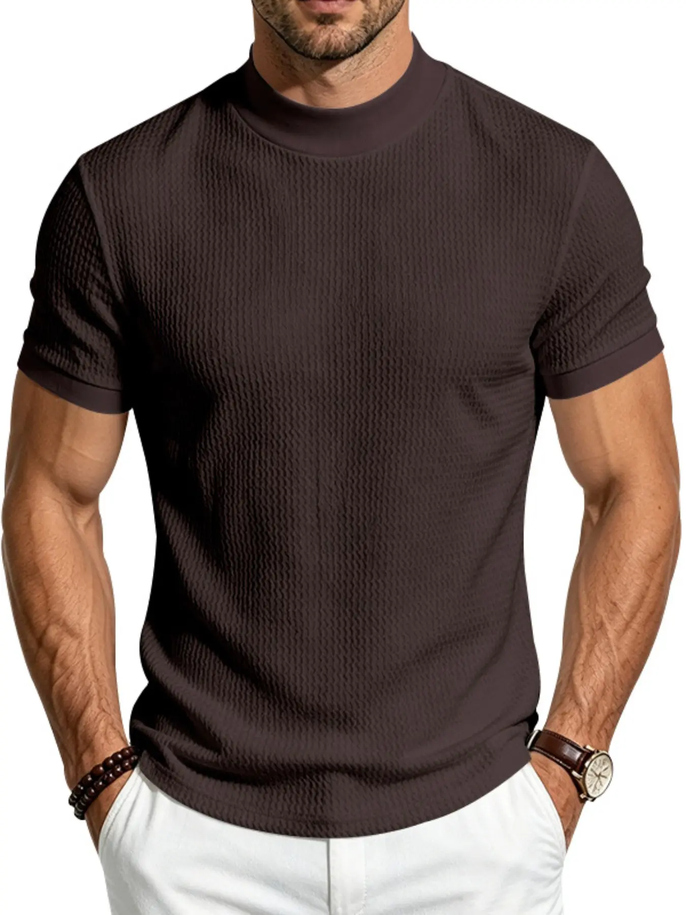 Men's Mock Neck Textured Short Sleeve T-Shirt, Menswear Solid Stretch Slim Fit Half Turtleneck Pullover, Breathable Wrinkle Resistant Basic Top for Business Casual Summer Daily Streetwear, Multiple Colors Available
