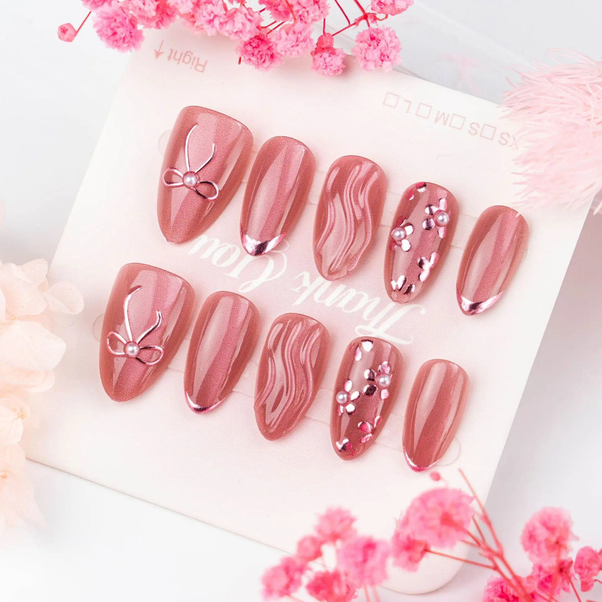 30PCS  Ins Sweet 3D Gold Plated Cat Eye Bow Purple Almond Shape Exquisite Flower Press On Nails Fake Nails Set Back To School Fall Deco Reusable False Nails For Women Daily Wear
