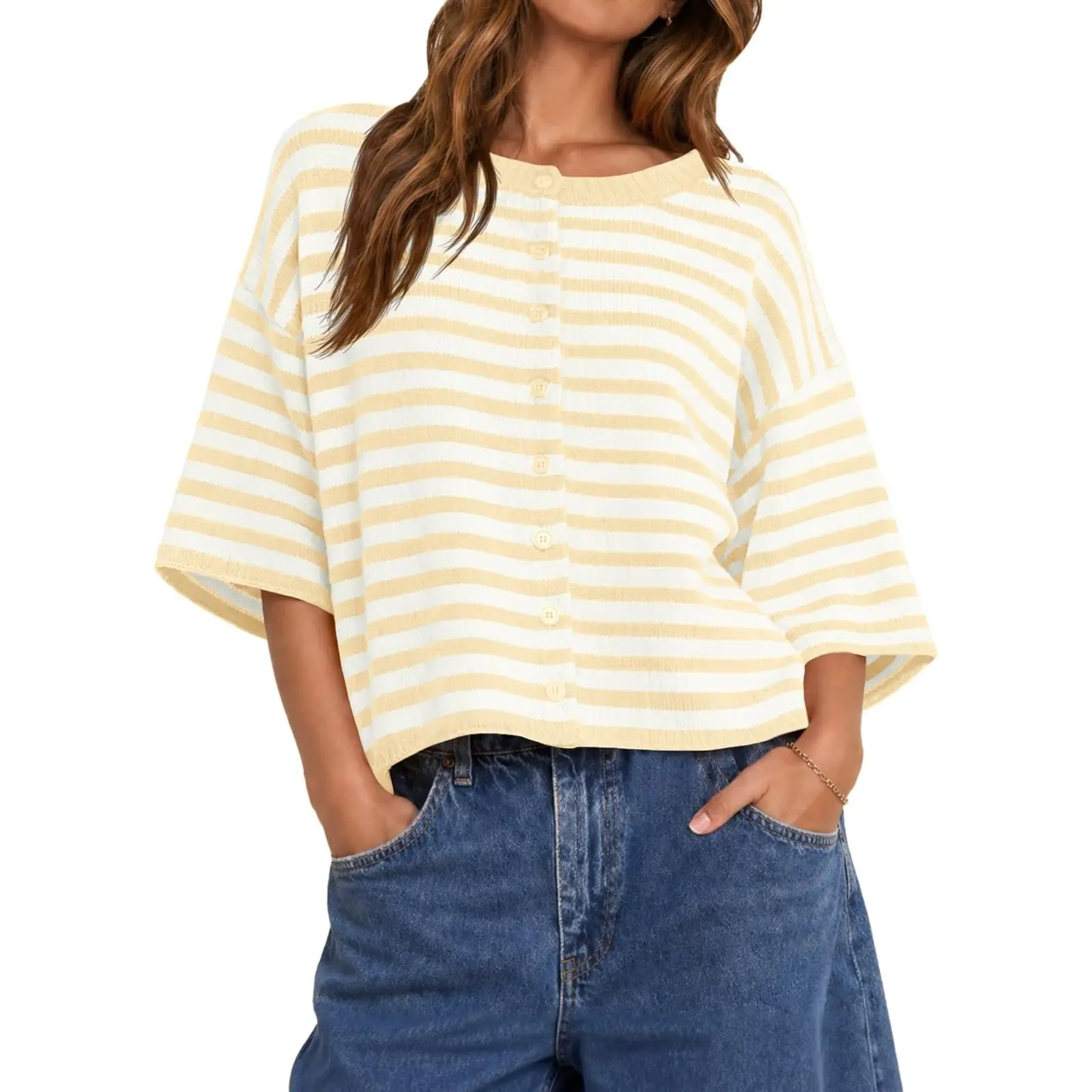 Saodimallsu Women's Short Sleeve Cropped Horizontal Striped Button-Down Oversized Lightweight Knitwear Cardigan, Casual Loose Summer Sweater Top for Women, Baggy, Fabric, Cardigans, Cropped Short Sleeve Women's Cardigans