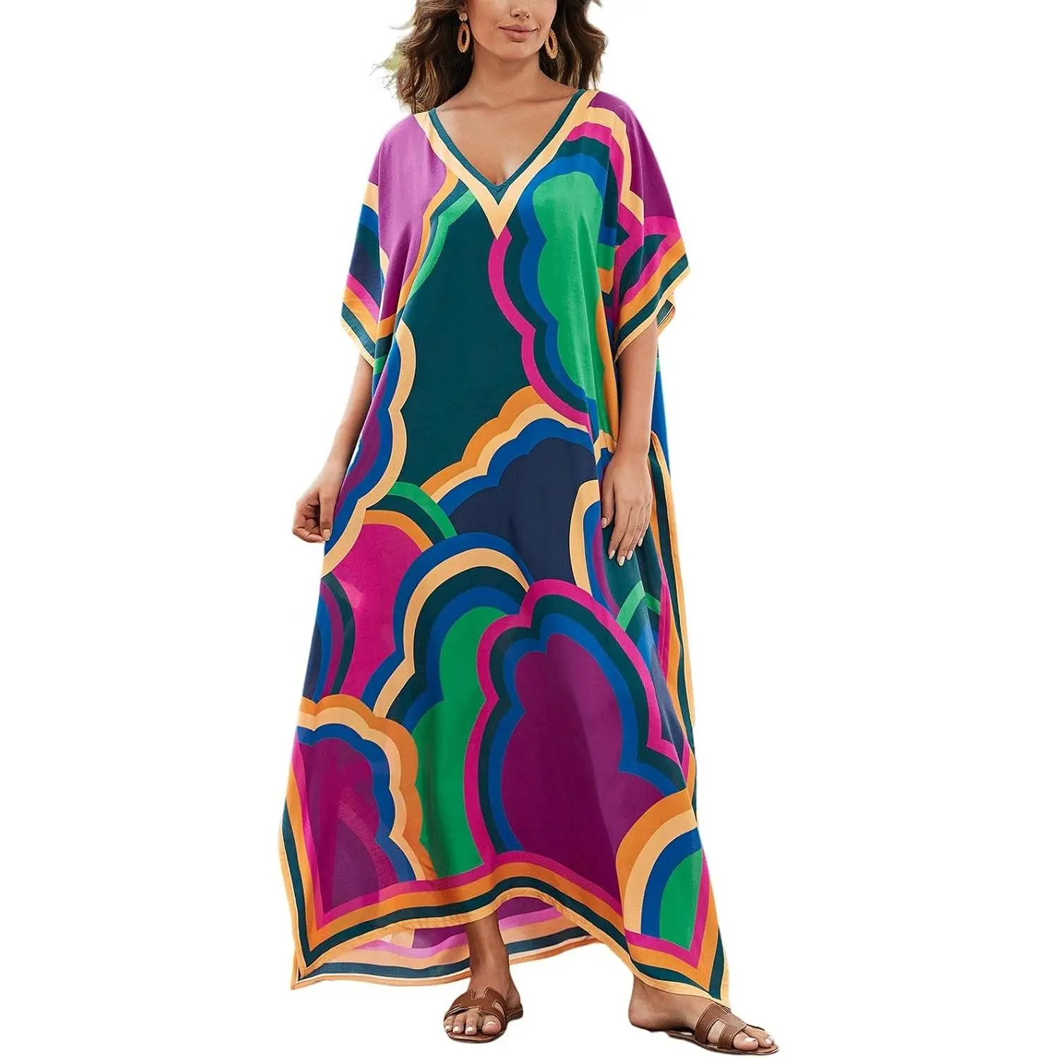 Women's Plus Size Loose Fit Moroccan Print V-Neck Batwing Kaftan Beach Dress Bathing Suit Cover Up