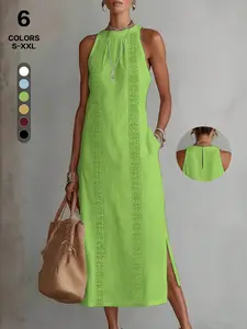 2026 Casual Sleeveless Maxi Dress, Lace Trim Linen-Look Shift Sundress, Breathable Fall Dress with Pockets, Indoor Outdoor Wear