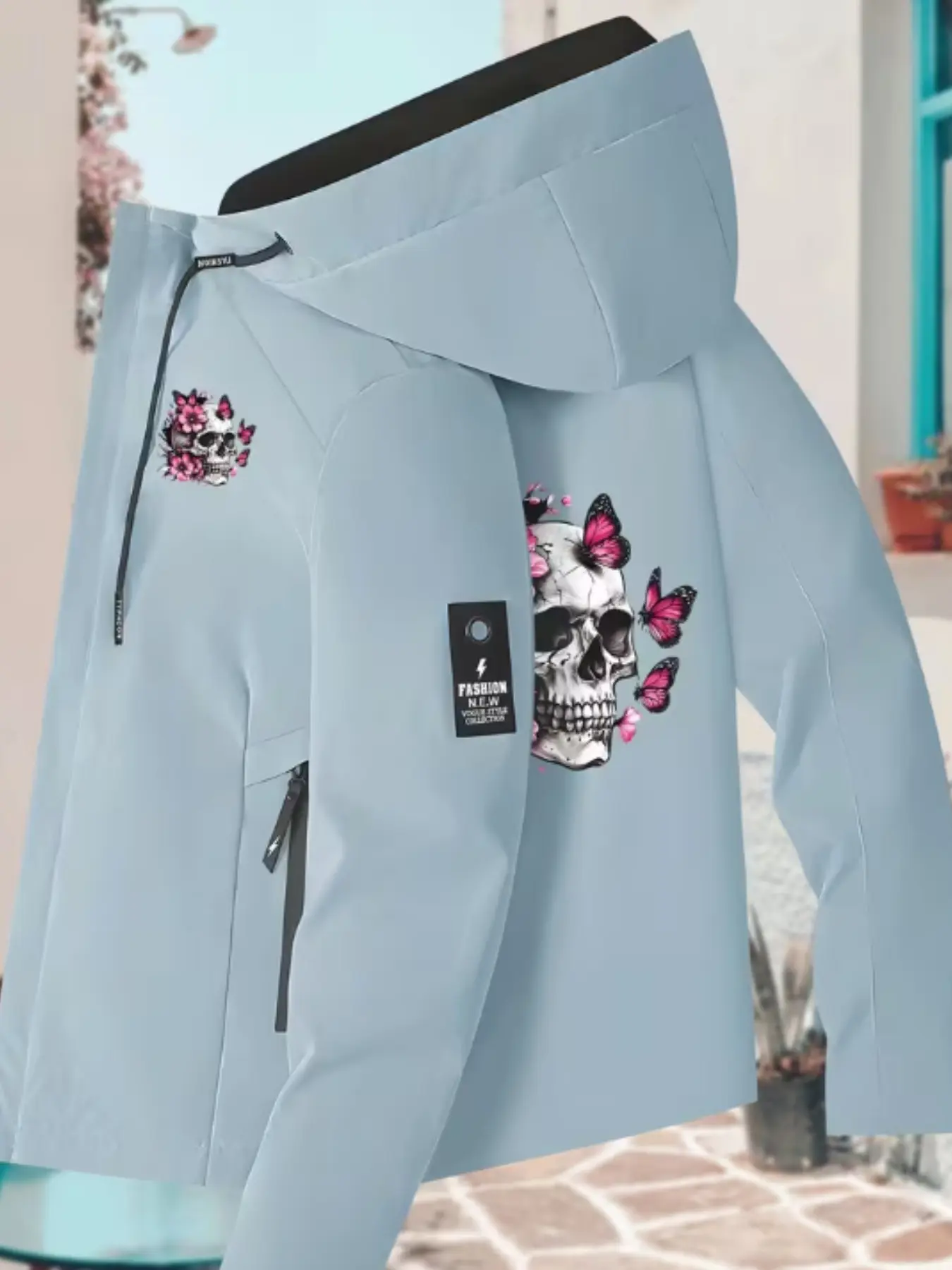 Dark Skull Cherry Blossom Butterfly Print Lightweight Dark Flower Jacket, Sweet Cool Y2K Style Loose Fit, Subculture Personality Outerwear