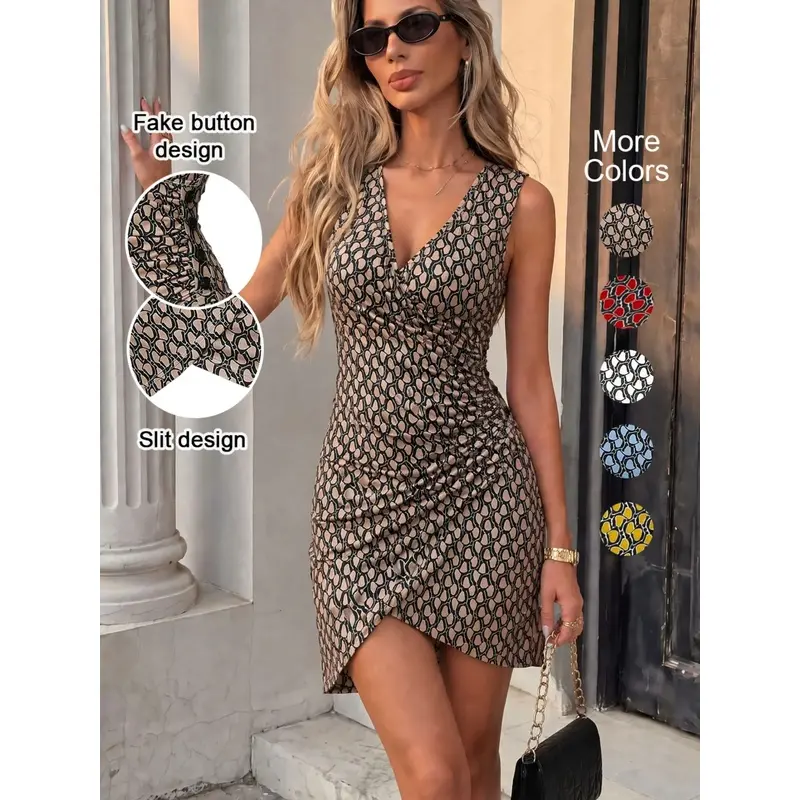 Women's Geometric Print Ruched Sleeveless Vneck Dress for Spring and Summer, Casual Classy Slim Fit Side Faux Button Dress, Party High-End Short Dress, Bodycon Sundress, Casual Summer Sundresses