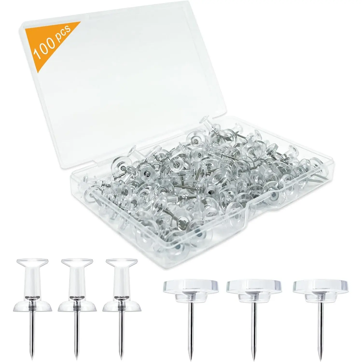100-Pack Heavy-Duty Tacks and Push Pins – Clear Flat- Thumbtacks with Storage Box for Office, , Classroom & Cork Boards