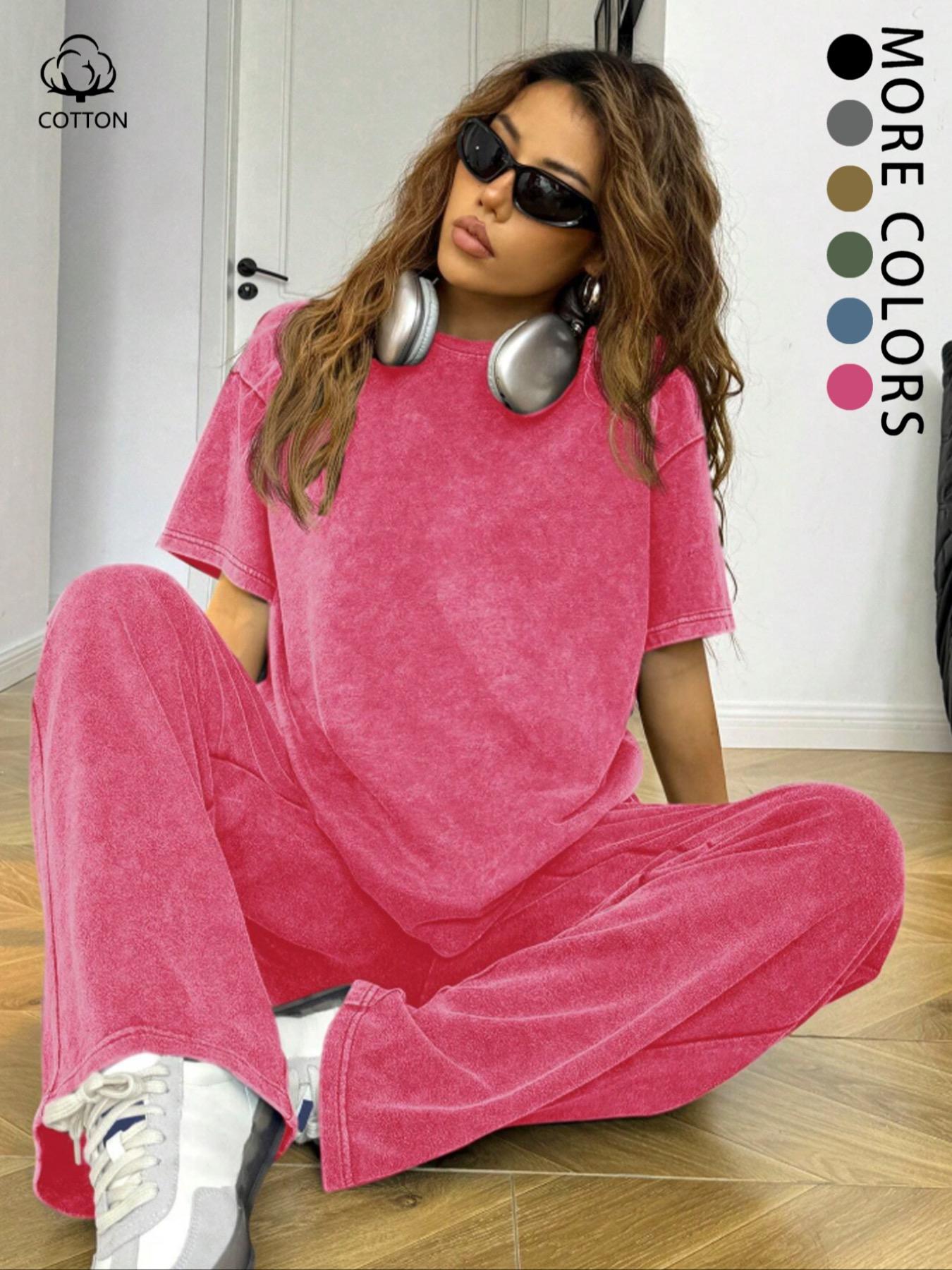 Women's Casual Loose Fit Acid Washed Cotton Short Sleeve T-Shirt and Long Pants Two-Piece Set, All Seasons, Plain Style