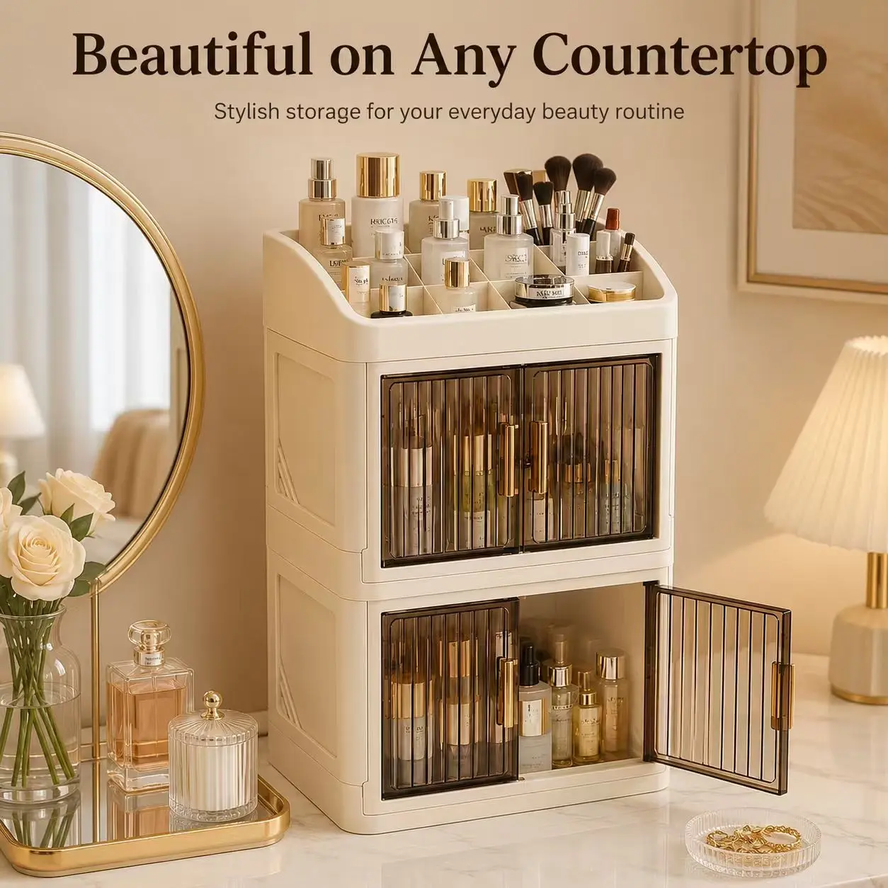 Desktop Cosmetics Organizer Box, Multi-Layer Dust-Proof Storage Shelf, Large Capacity Makeup Table Cabinet, Foldable Storage Rack