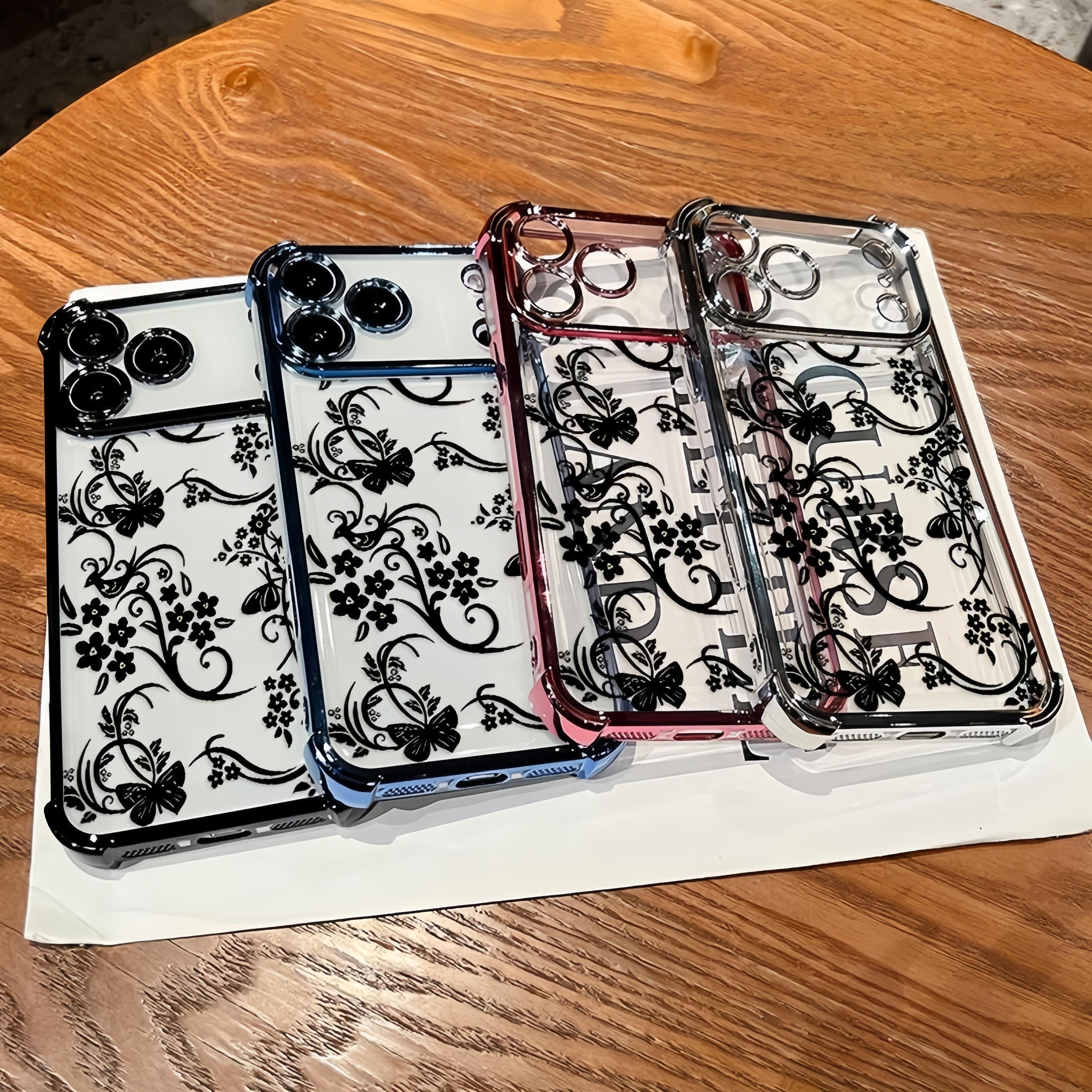 Elegant Floral Vines Pattern Four Corner Anti-Fall Phone Case Transparent Electroplated Protective Cover for iPhone 17 Pro Max Air 16 15 Plus 14 13 12 11 E Slim Lightweight TPU Case with Full Lens Protection