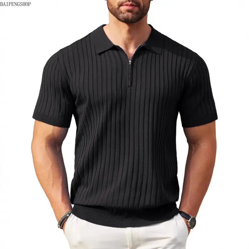 Male Short-Sleeve Slim-Fit Polo Shirt - Zipper Closure Collar, Ribbed Polyester Knit Pullover, Plain Casual Wear for Multi-Season Use