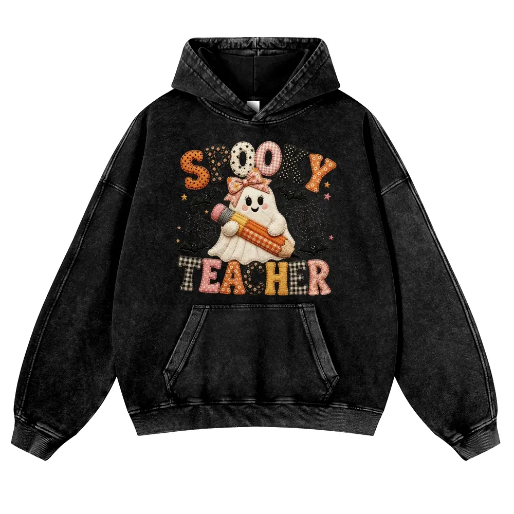 Faux Patchwork Ghost Teacher 380g Autumn VIntage Washed Hoodie Graphic Sweatshirt Spooky Teacher Gift, Back To School Hoodie
