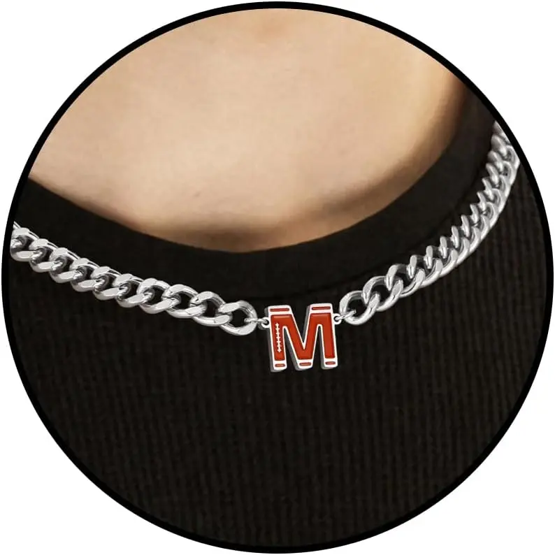 Football Gifts - Football Initial Necklace Cuban Chain for Men Boys| Football Necklaces for Boys Stainless Steel Initial Necklace with Letter A-Z 6.5mm Cuban Chain Adjustable Gifts