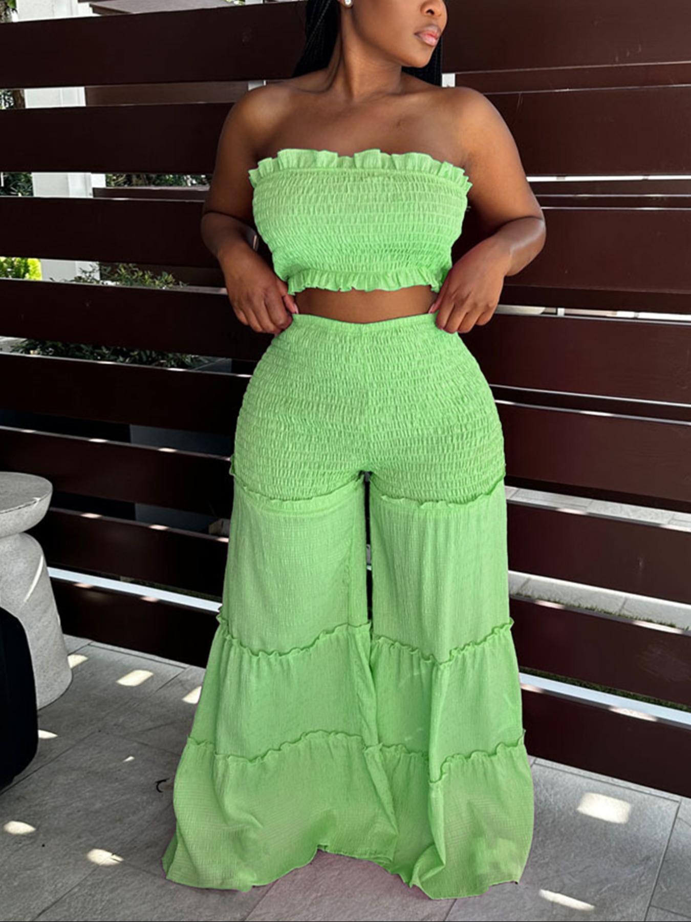 Women's Frill Trim Shirred Flare Leg Pants Set, Boho Casual Crop Tube Top & High Waist Trousers for Beach Holiday Vacation, Ladies Summer Clothes