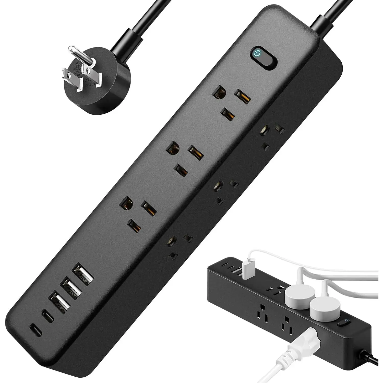 5Ft Surge Guard Power Strip, Desk Station Surge Protector with 9 AC Spaced Outlets, 5 USB Charging Ports (2 USB-C), Flat Plug Cable, 1250W/10A, Overload Safe Protection for Home, Office, Devices