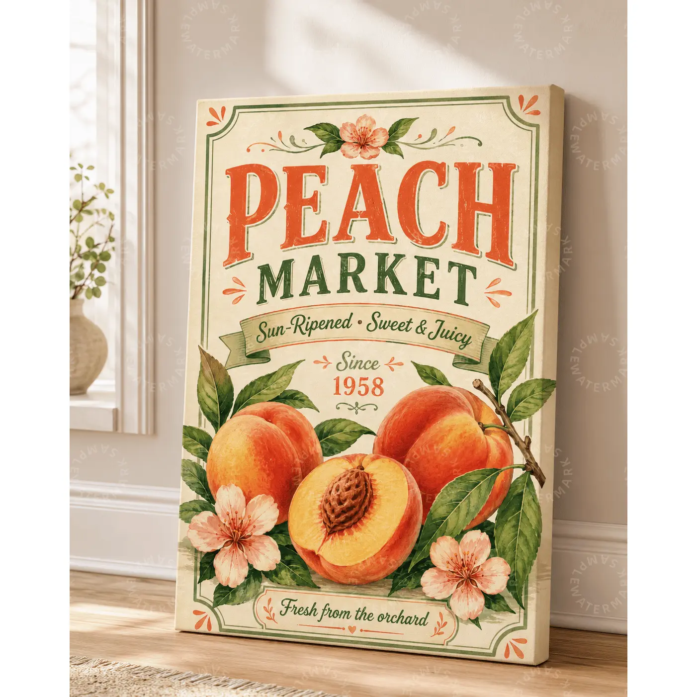 Peach Market Canvas Wall Art, Vintage Peach Fruit Poster, Farmhouse Kitchen Decor, Cottagecore Botanical Print, Summer Orchard Aesthetic Wall Decor for Bedroom Living Room Office Gift