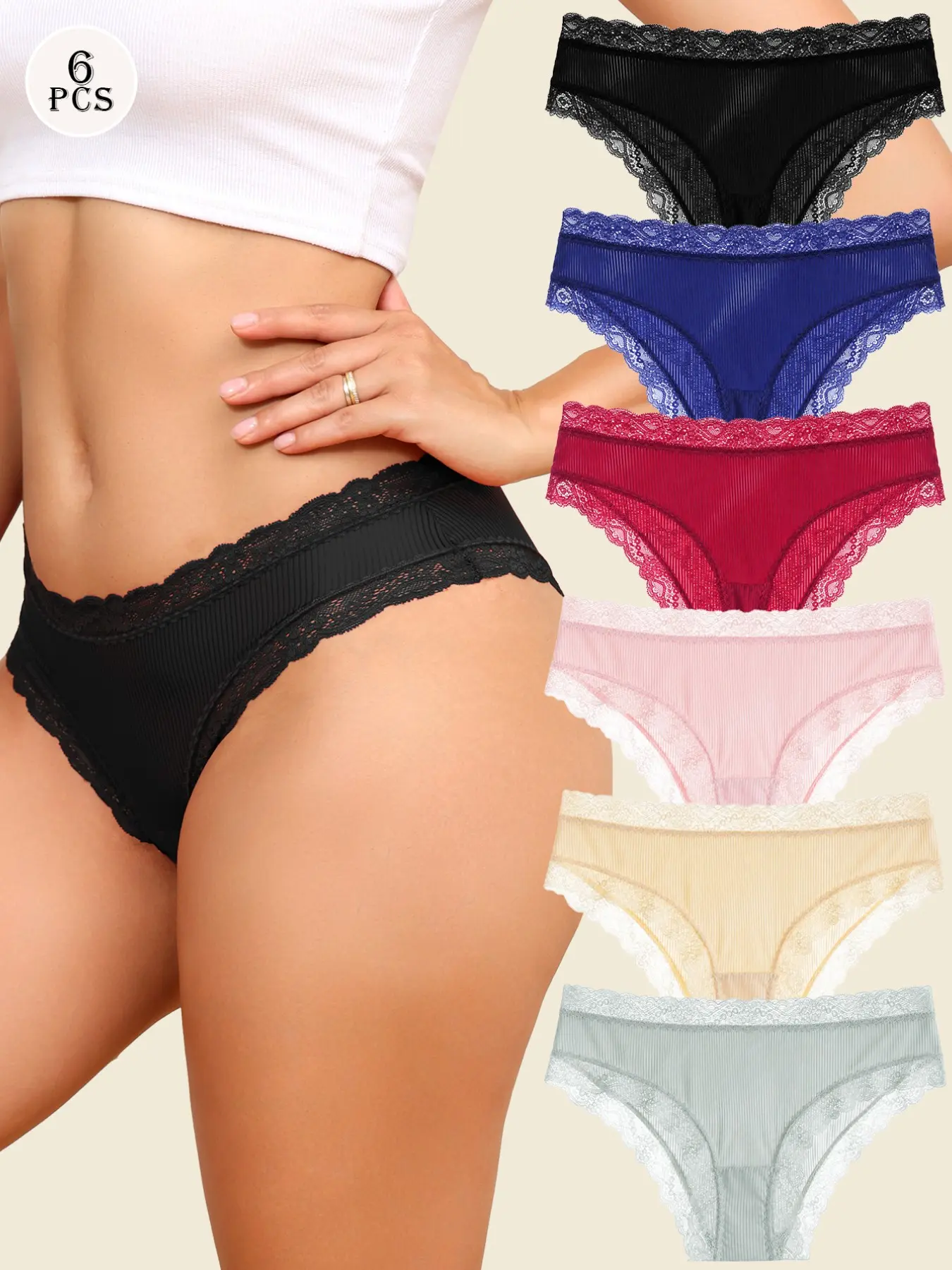 6 Pcs Women Cheeky Bikini Underwear, Soft Lace Breathable Ladies Panties, Sexy 3/4 Coverage Briefs, Comfortable and Stylish Swimwear, Breathable Lace Knicker