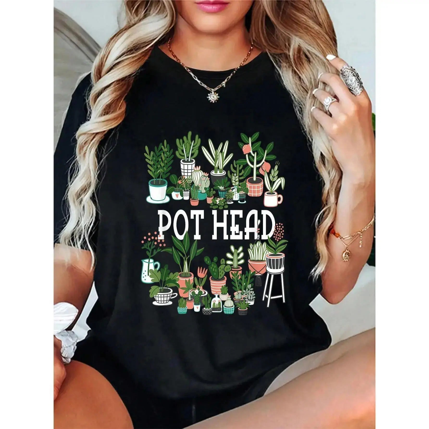 Men's Casual Round Neck Short Sleeve Plant Theme T-Shirt - Pot Head Succulents Graphic, Relaxed Fit Breathable Fabric for Plant Lovers, Graphic Print