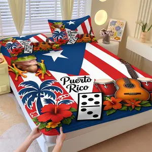 3-Piece Puerto Rico Flag Coqui Frog Fitted Sheet Set,1 Fitted Sheet+2 Pillowcases,Soft Breathable Skin-Friendly Fabric,Deep Pocket Non Slip Mattress Cover,Tropical Island Bedding,Ideal for Bedroom & Holiday Gift