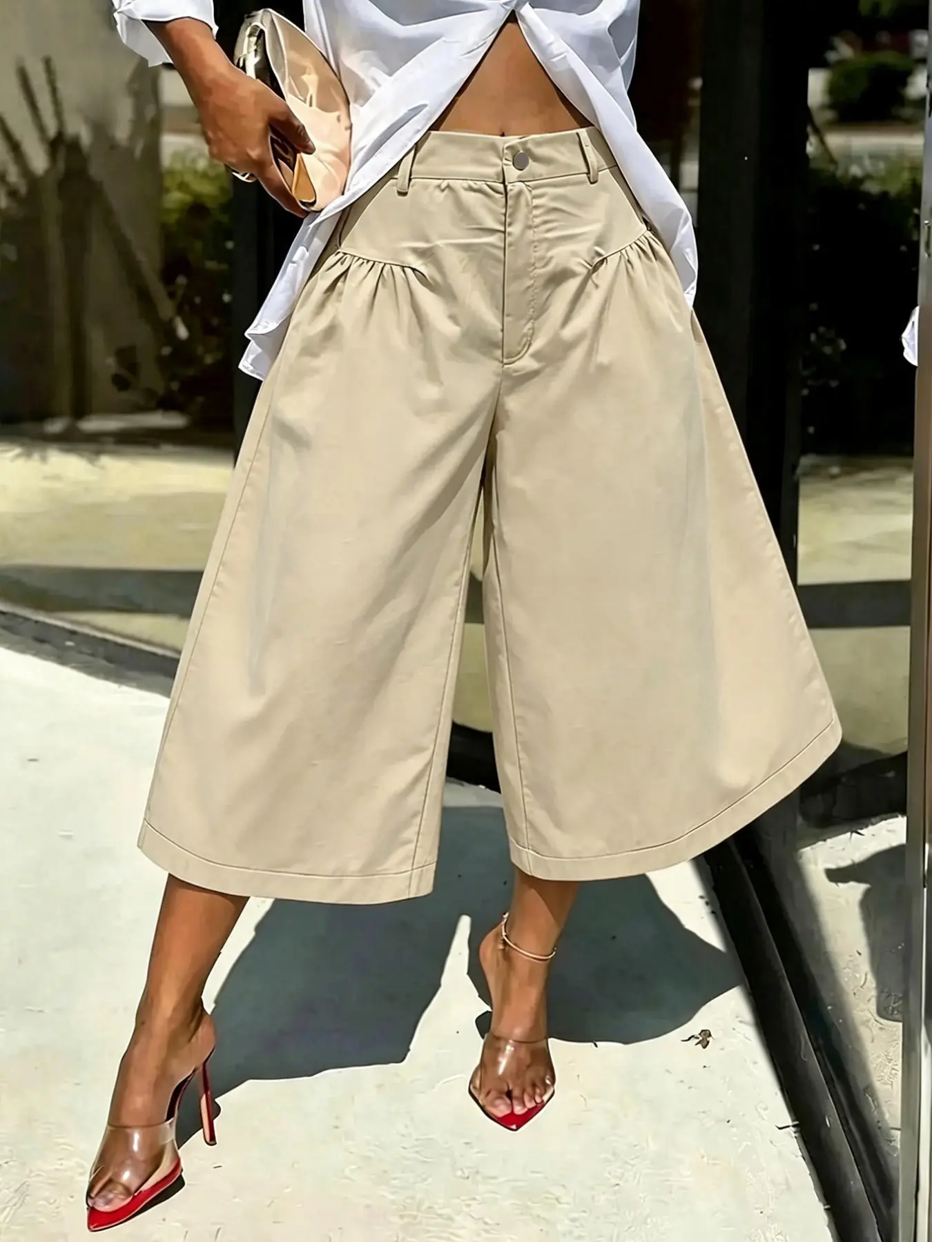 Women's Summer Wide-Leg Pants, High-Waist Pleated Design, Casual Seven-Eighths Length, Loose Fit, Trendy and Comfortable, Aesthetic