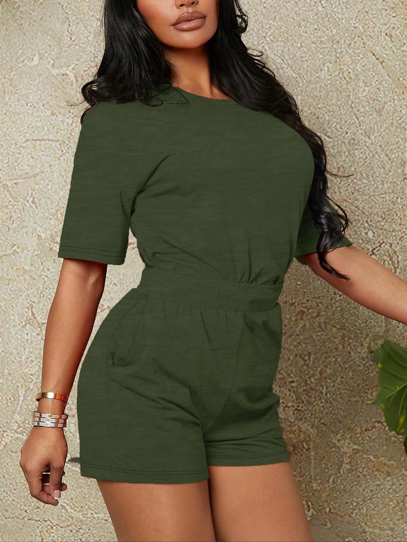 Two-piece Set Women's Solid Color Tee & Shorts, Minimalist Basic Casual Round Neck Short Sleeve T-shirt & Shorts for Summer, Casual Fashion Set, Ladies Clothes for Daily Wear, Shortsleeve Womenswear