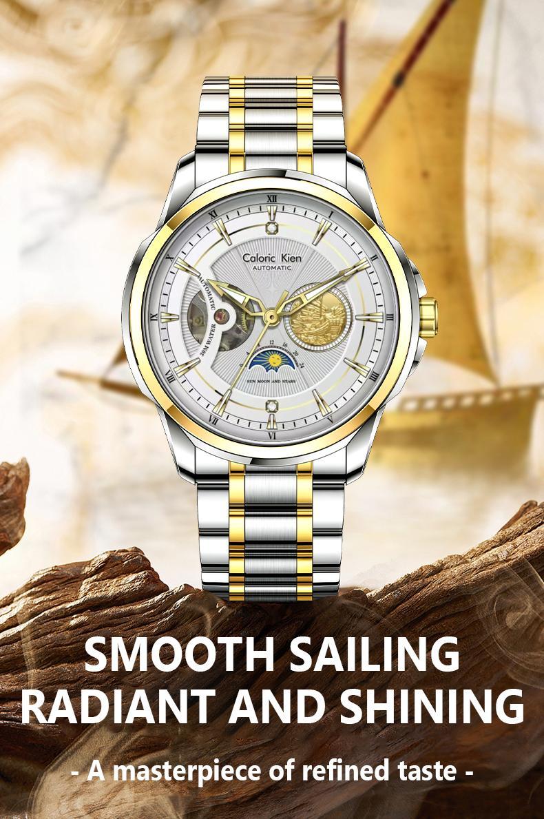 Caloric Kien Explorer Series Men's Automatic Skeleton Mechanical Watch Swiss Movement 42mm Dial Sapphire Crystal Stainless Steel Bracelet Waterproof Shockproof Luminous Luxury for Business Social Events Round Design