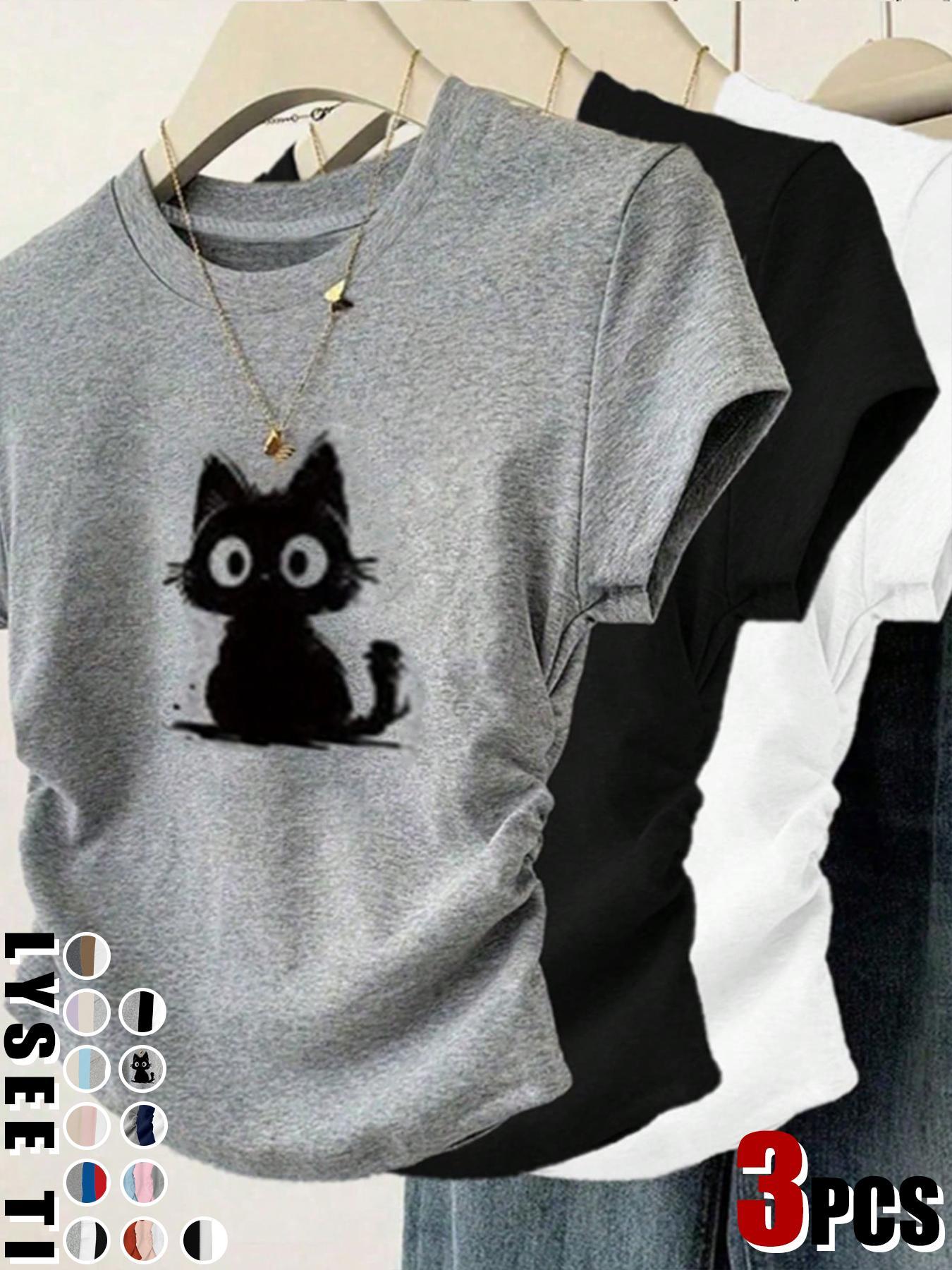 3pcs women's casual fashion slim fit small bow Butterfly print details simple solid color pleated pullover shirt women's round neck short sleeved three piece T-shirt