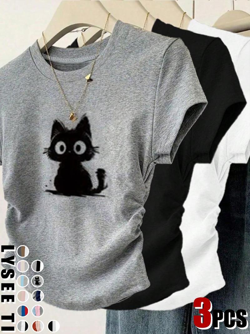 Women's Cat/Bow Print Tee, Casual Short-Sleeve Round-Neck T-Shirt for Daily Wear, Ladies' Clothes for All Seasons