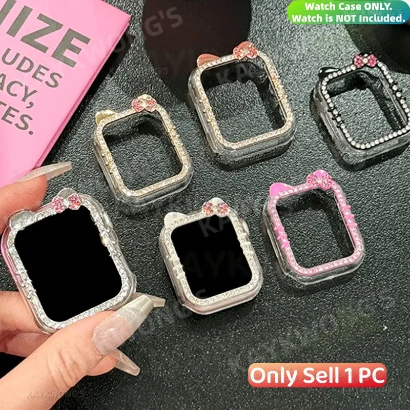 KAYKWONG'S 1 Stylish Ears Rhinestone Diamond Watch Case (Frame Only), Rhinestone Decoration, Scratch-Resistant Cover, for iWatch 11/10/9/8/7/SE Series, Compatible with 38/40/41/42/44/45/46/49mm, Smartwatch Accessories