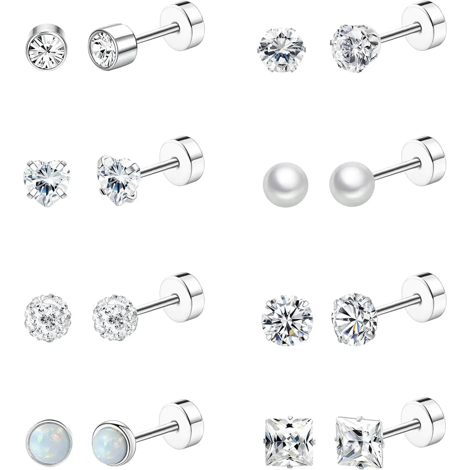8 Pairs Titanium Surgical Steel Earrings for Women Men Hypoallergenic Flat Back Stud Earrings for Sensitive Ears 20 Gauge Surgical Steel Cartilage Earring Opal CZ Pearl Small Nap Sleeper Earrings