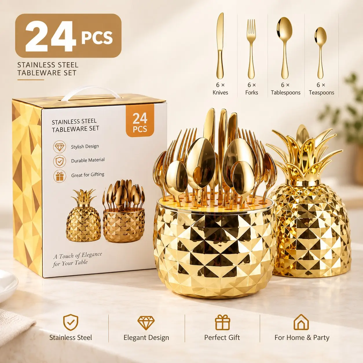 24PCS Gold Flatware Set with Pineapple Holder, Stainless Steel Silverware Cutlery Set, Forks Spoons Knives & Teaspoons, Elegant Tableware Utensil Set for Home, Kitchen, Dinner, Party & Holiday Gifts