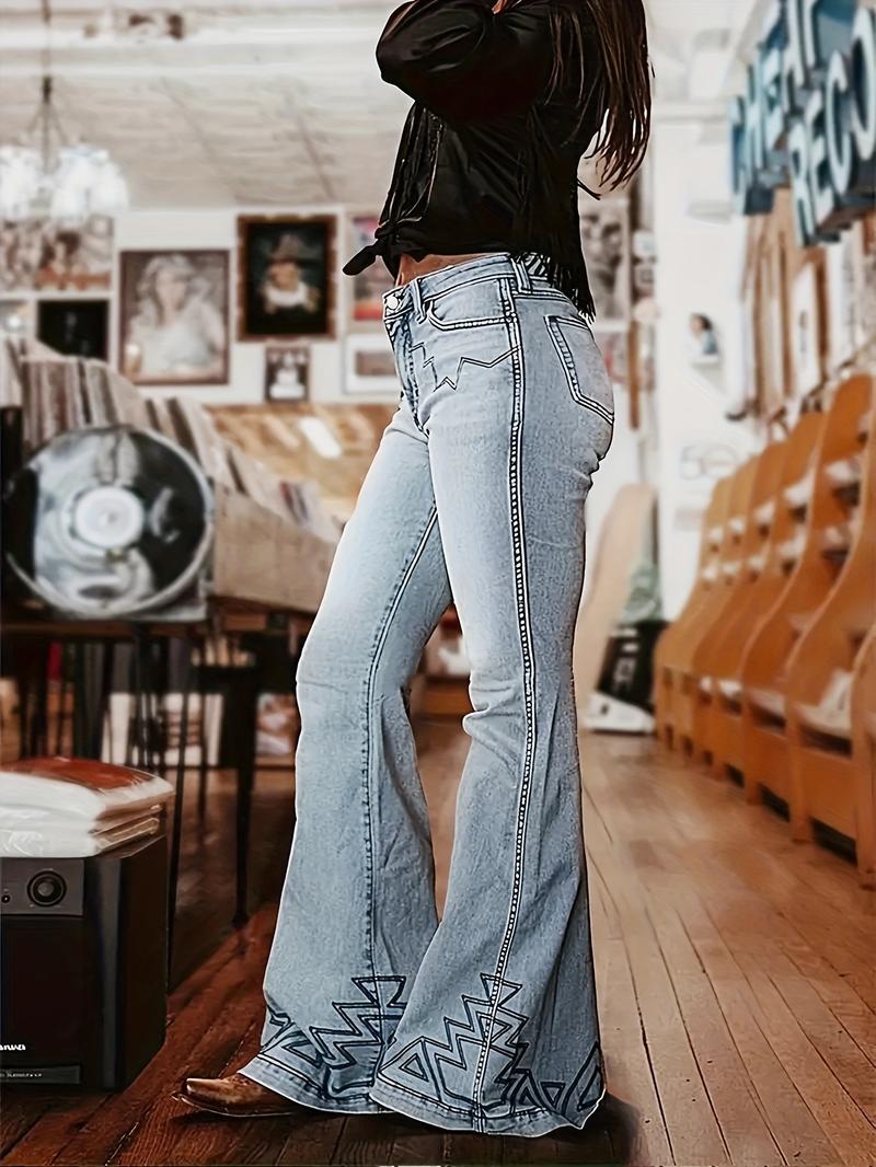 Light Blue Denim High-Waisted Flare Jeans with Geometric Hem Design in Western Style for Women Trendy Fashion