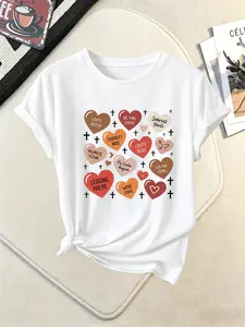 Women's Casual Round Neck Short Sleeve T-Shirt, Heart Pattern Print, Summer Essential, All Seasons Wear