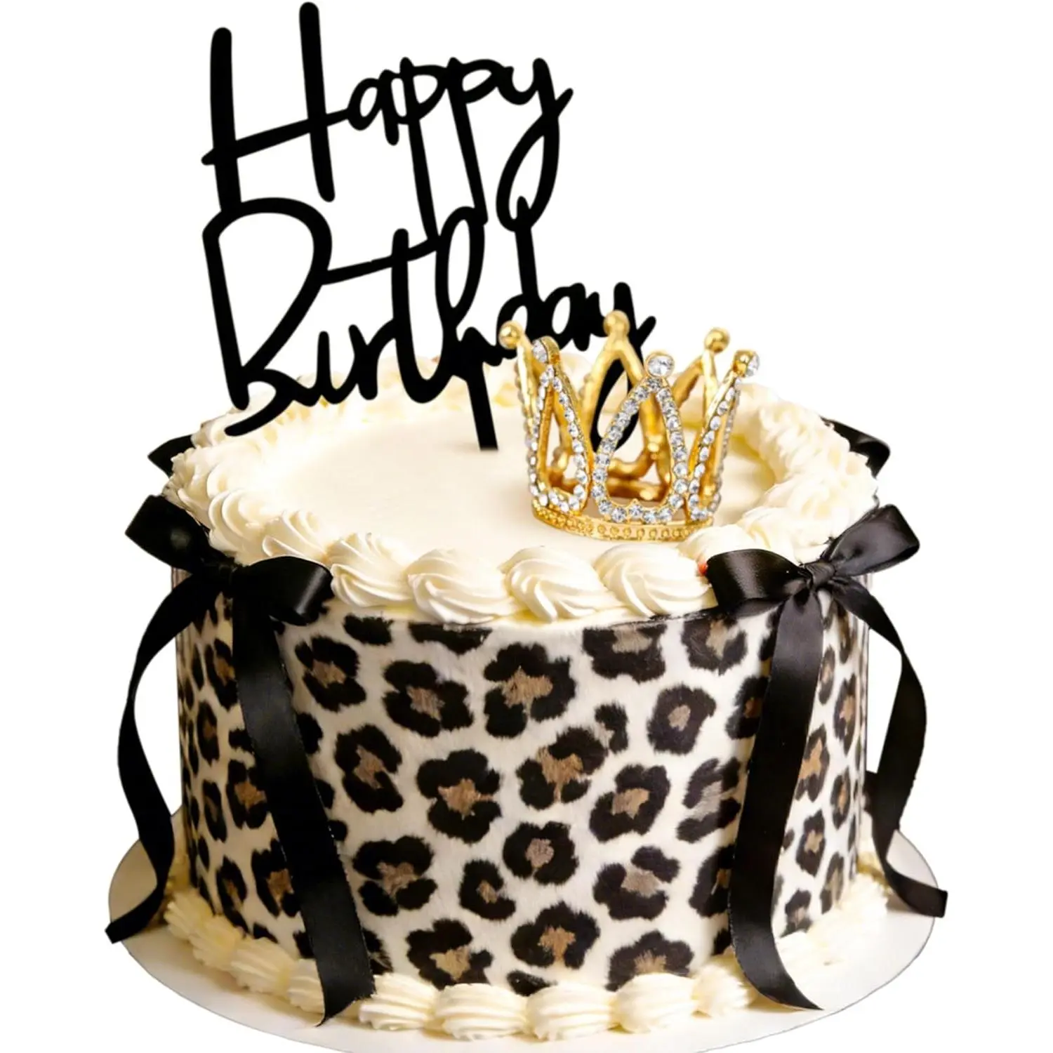 Cake Decorating Supplies Kit - Black Bows, Cheetah Print, Mini Gold Crown Decorations for Birthday, Bachelorette Party (Home & Festive Party Supplies)