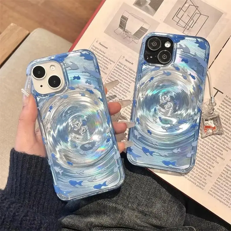 Luxury Ripple Vortex Blue Ocean Fish Group Phone Case For iPhone 16 Pro Case iPhone 15 17 14 13 11 12 ProMax Soft Silicone Cover