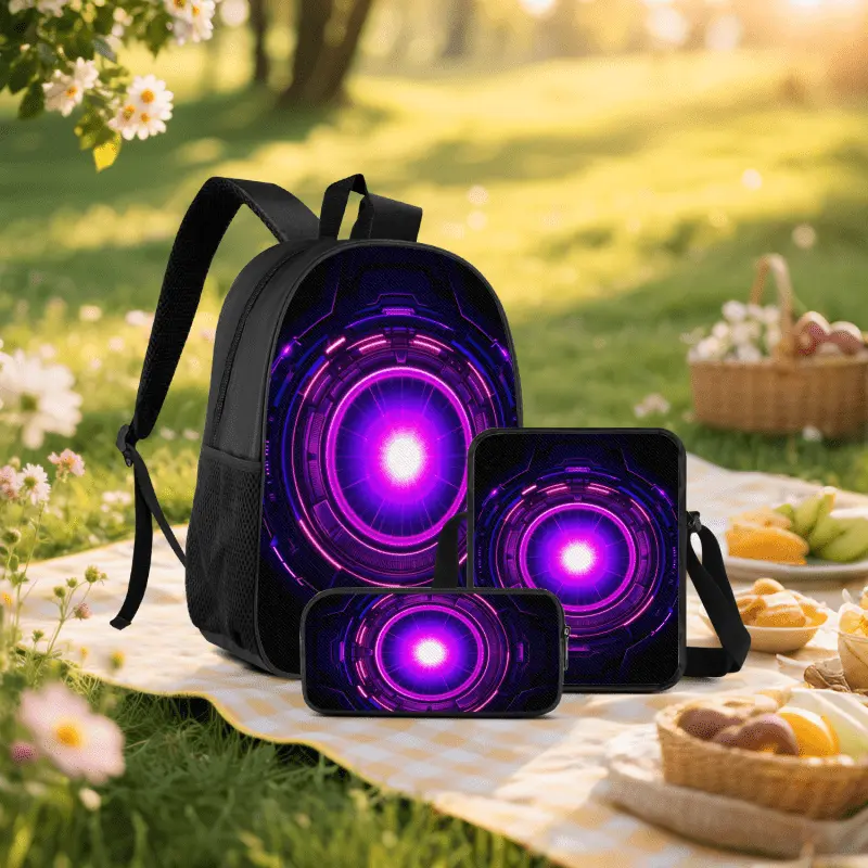 Cyberpunk-style three-piece backpack set (includes lunch bag and pencil case), designed for gamers and sci-fi fans, featuring a cool neon energy core print, made of high-quality durable polyester material, equipped with ergonomic shoulder straps and a lun
