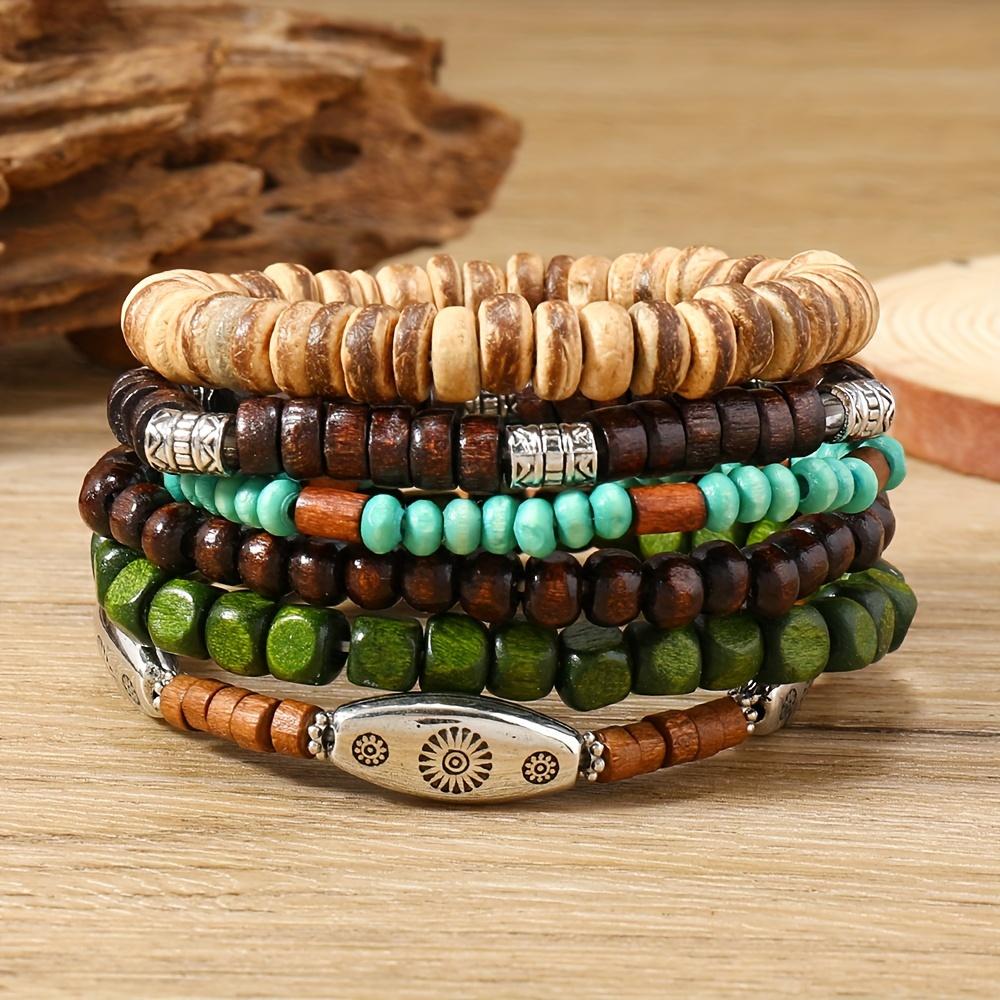 6pcs Set of Coconut Wood Bead Elastic Cord Minimalist Bohemian Style Men's Bracelet Bangle