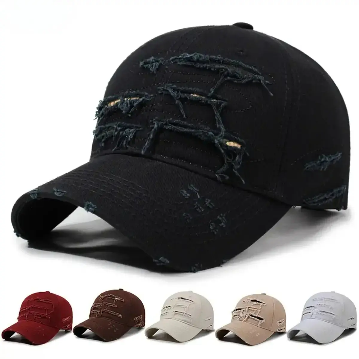 Retro Distressed Baseball Cap - Adjustable Outdoor Cap with Ripped Look, Washed Fabric, Duckbill Brim, Lightweight Streetwear, Multi-Size Fit, Unisex for Summer Beach Casual Outfits, Sports & Outdoor Accessory, Distressed Finish