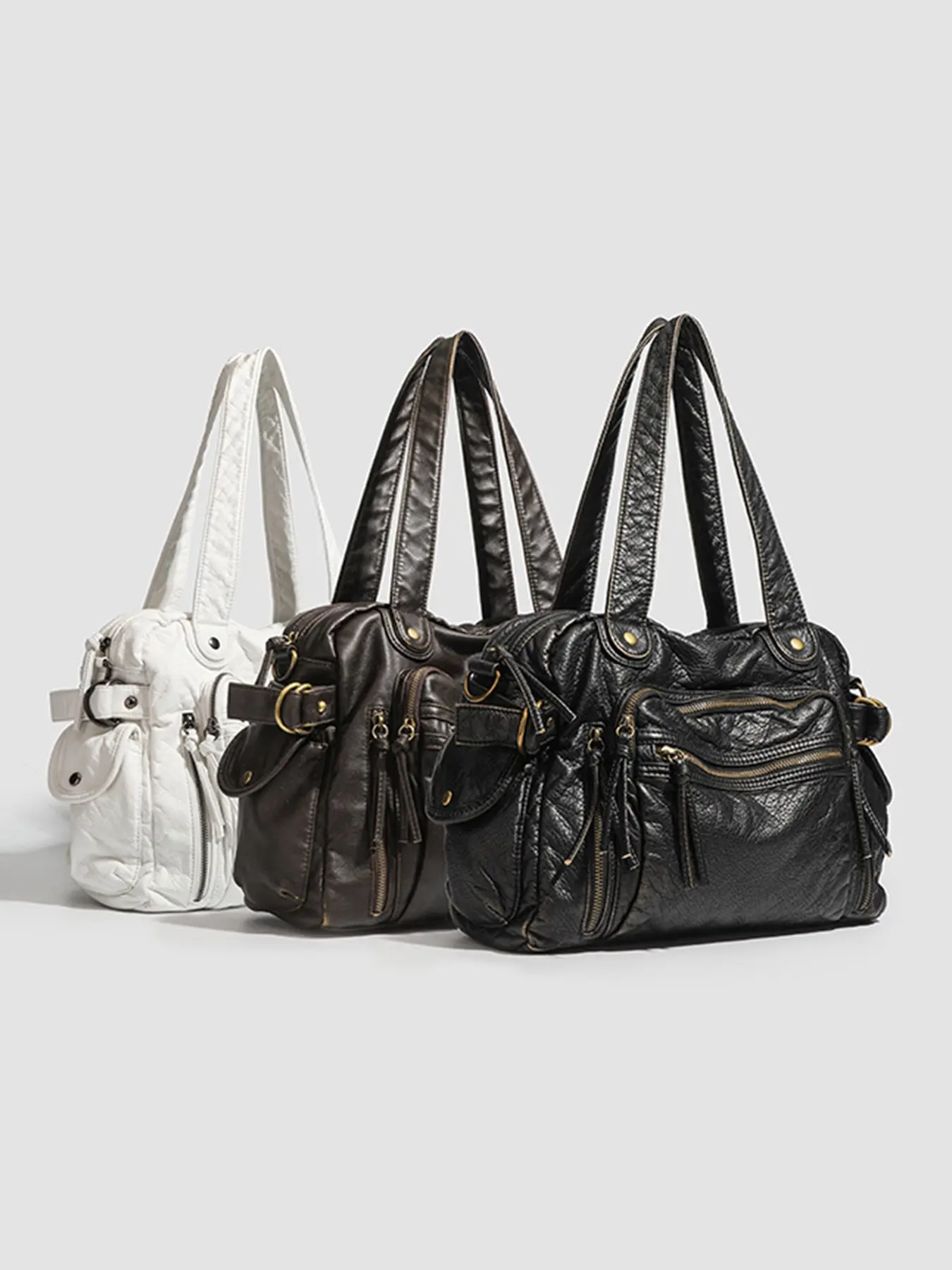 Vintage Washed Faux Leather Shoulder Bag for Women, Multi‑Zipper Pockets Retro Hobo Tote Bag, Detachable Crossbody Strap Large Capacity Casual Daily Handbag