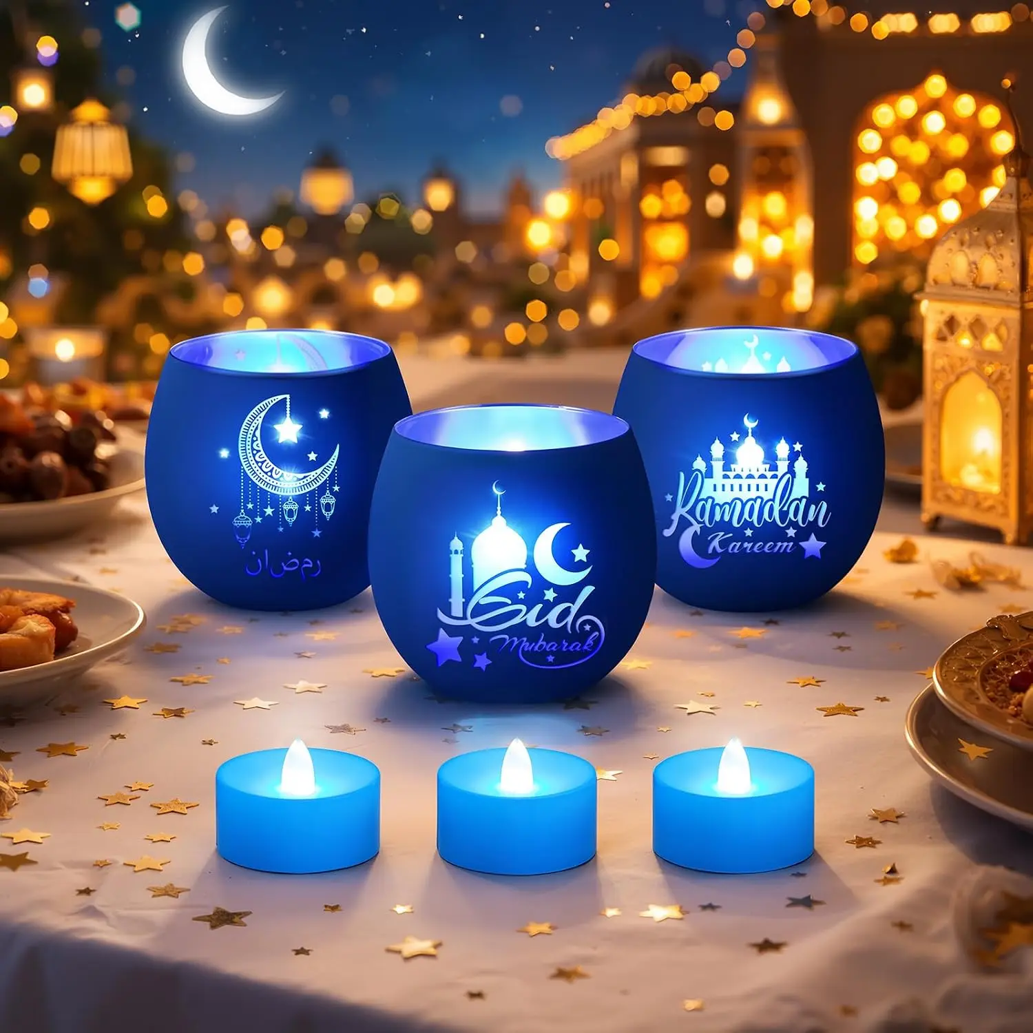 3 Set Ramadan Decorations Eid Mubarak Votive Candle Holders Ramadan Glass  Light LED  Operated Candles Flameless Lights for  Mubarak Party Islamic Muslim Table Centerpieces Decor