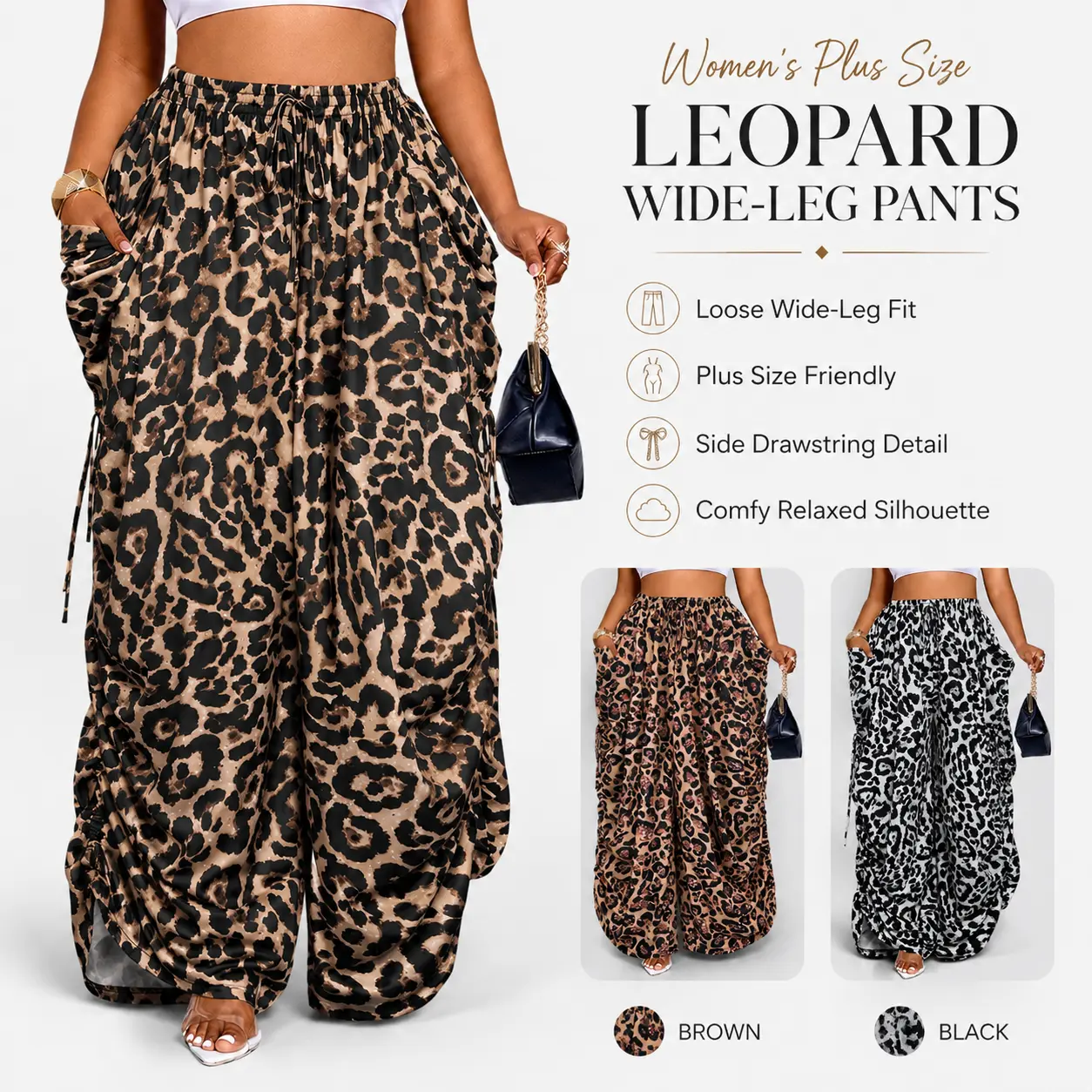 Women's Plus-Size High-Waist Leopard Print Wide-Leg Pants - Comfortable, Adjustable Elastic Waist, Loose-Fitting Long, All-Season Casual Bottoms