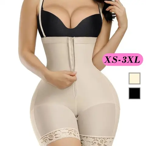 Women's Plain Contrast Lace Zipper Front Shapewear Romper, Fajas Shapewear, Adjustable Hook & Eye Closure Bodysuit, Detachable Adjustable Design High Waisted Tummy Control Shapewear, XS-3XL