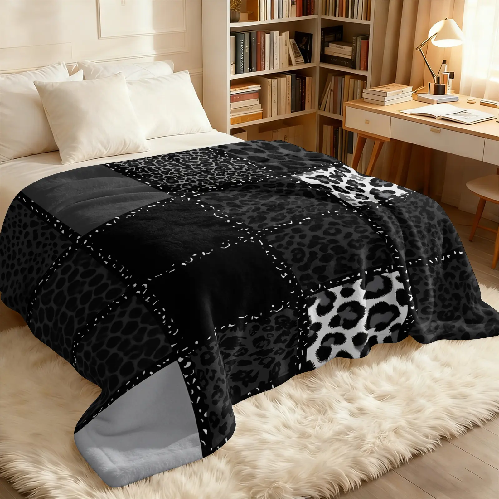 Monochrome Leopard Patch Flannel Throw Blanket, Black White Gray Animal Fleece, Lightweight Cozy Fleece, Portable And Versatile For Sofa, Office Nap, Camping Daily Use, Cool Edgy Unisex Decor & Gift For Y2K Fashion Lovers