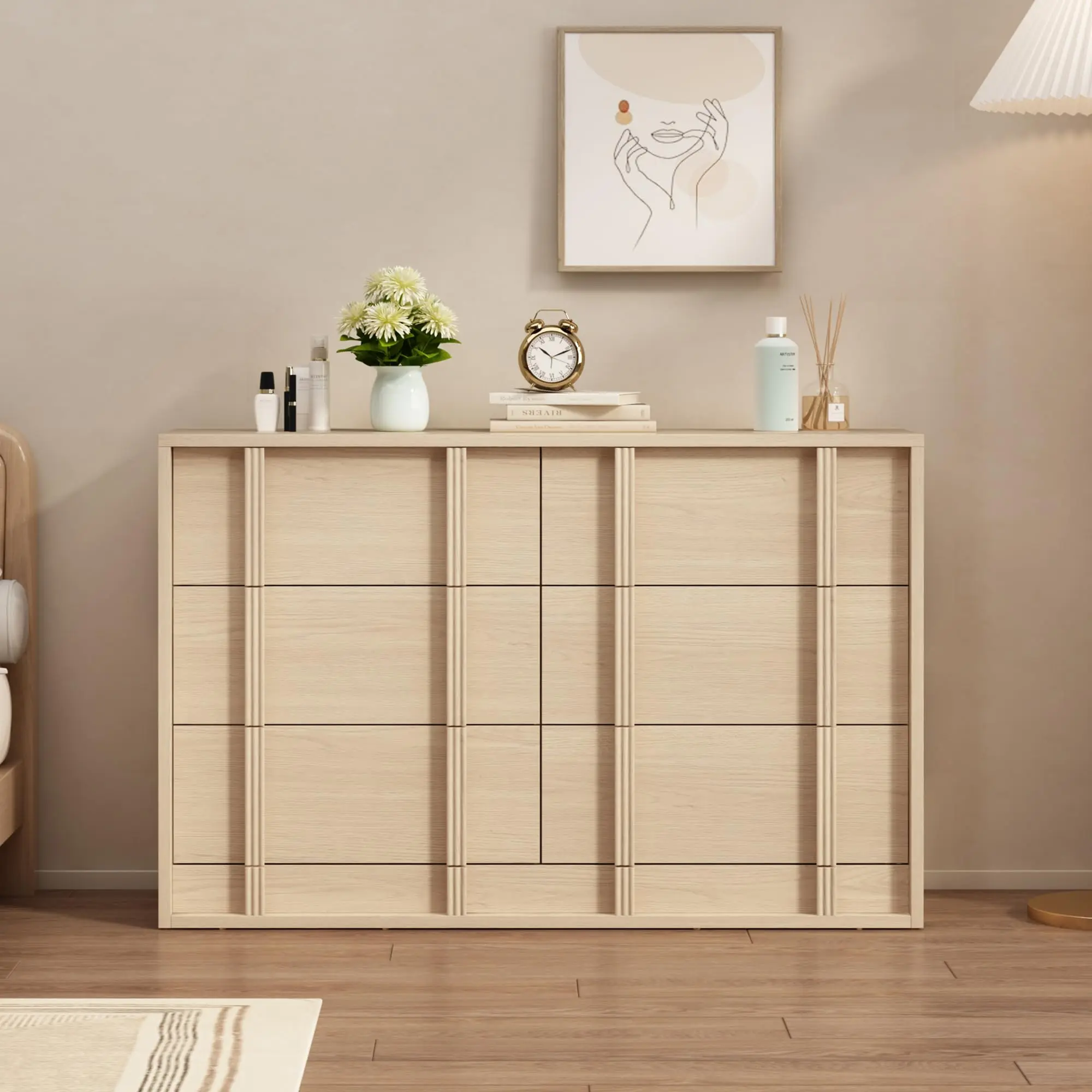 6/7 Drawers TV Stand – Contemporary Oak Media Console Storage Cabinet for Up to 50 Inch TV – Bedroom and Living Room Chest – Sturdy MDF – Natural/Black/Brown