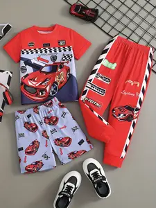 3-Piece Boys' Set, 3D Car Print Short Sleeve, Letter Casual Shorts, Race Style Pants, Spring Summer, School Party, Outdoor Sports, Gift