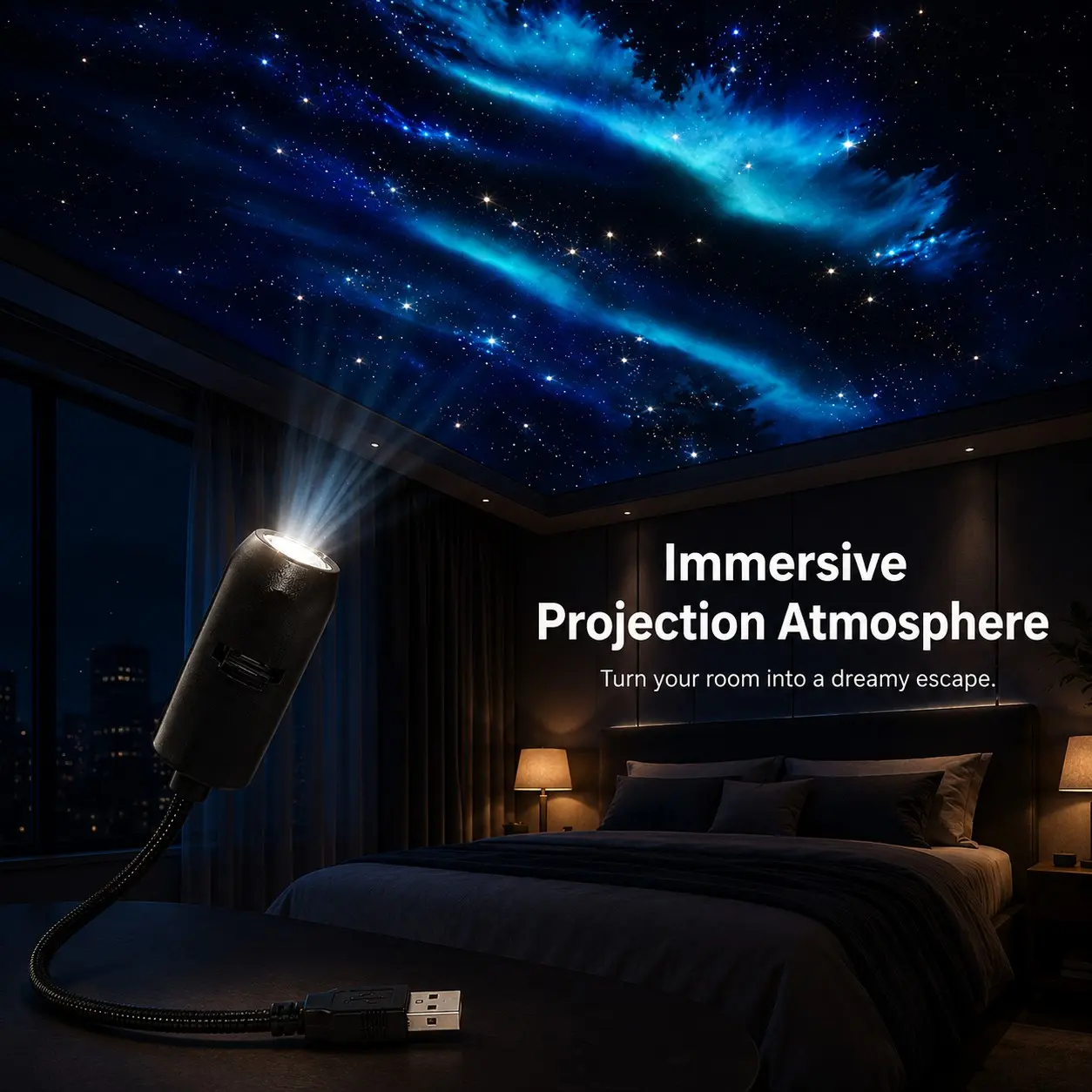 Galaxy Projector Starry Sky Projector, USB Powered Ceiling Projection Light for Bedroom, Aurora Space Atmosphere Decor for Home, Room and Relaxation