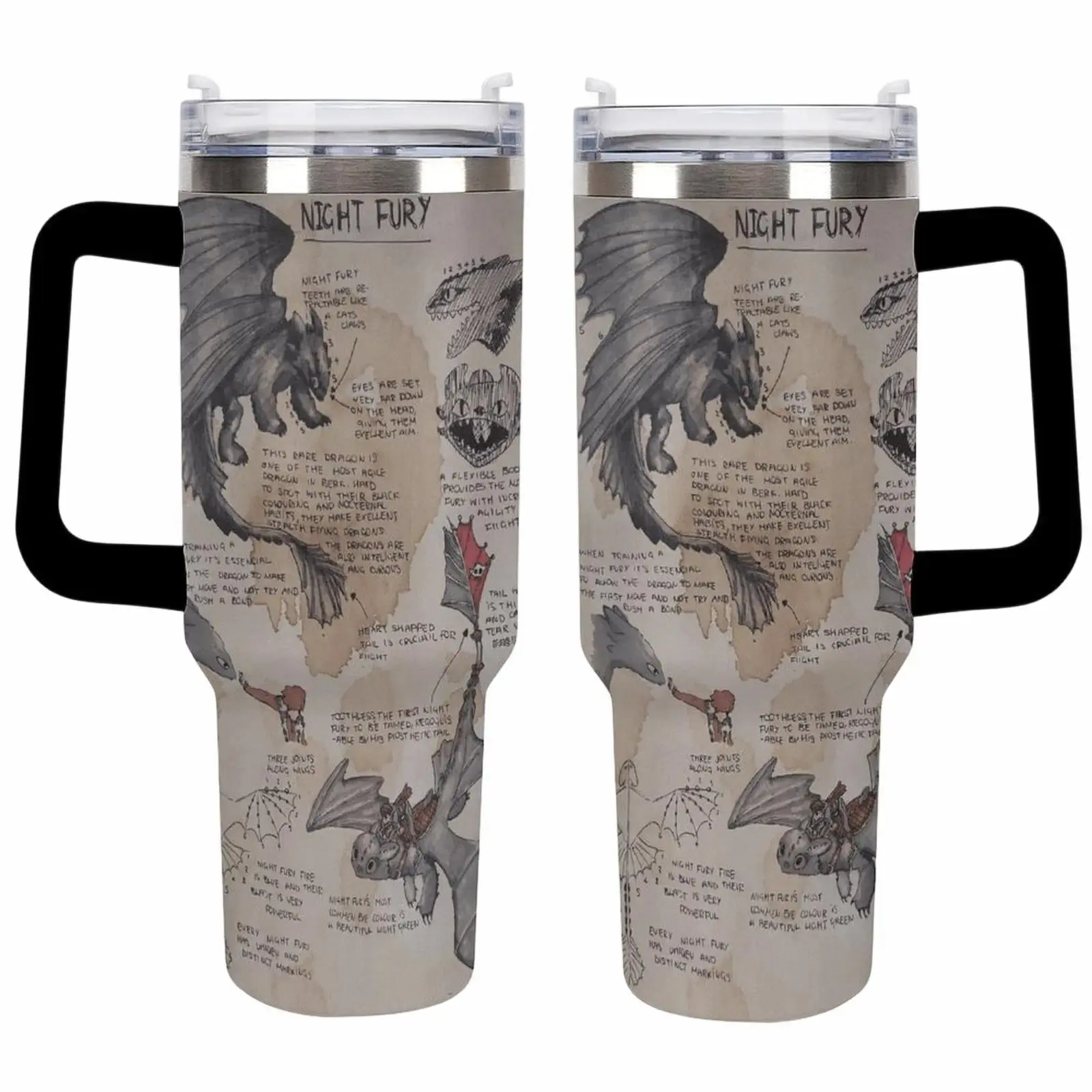 40oz Night Fury Dragon Tumbler With Handle, Toothless Anatomy Sketch Vintage Parchment Insulated Travel Mug, Dragon Trainer Inspired Cup