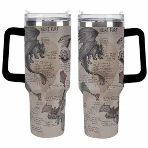 40oz Night Fury Dragon Tumbler With Handle, Toothless Anatomy Sketch Vintage Parchment Insulated Travel Mug, Dragon Trainer Inspired Cup